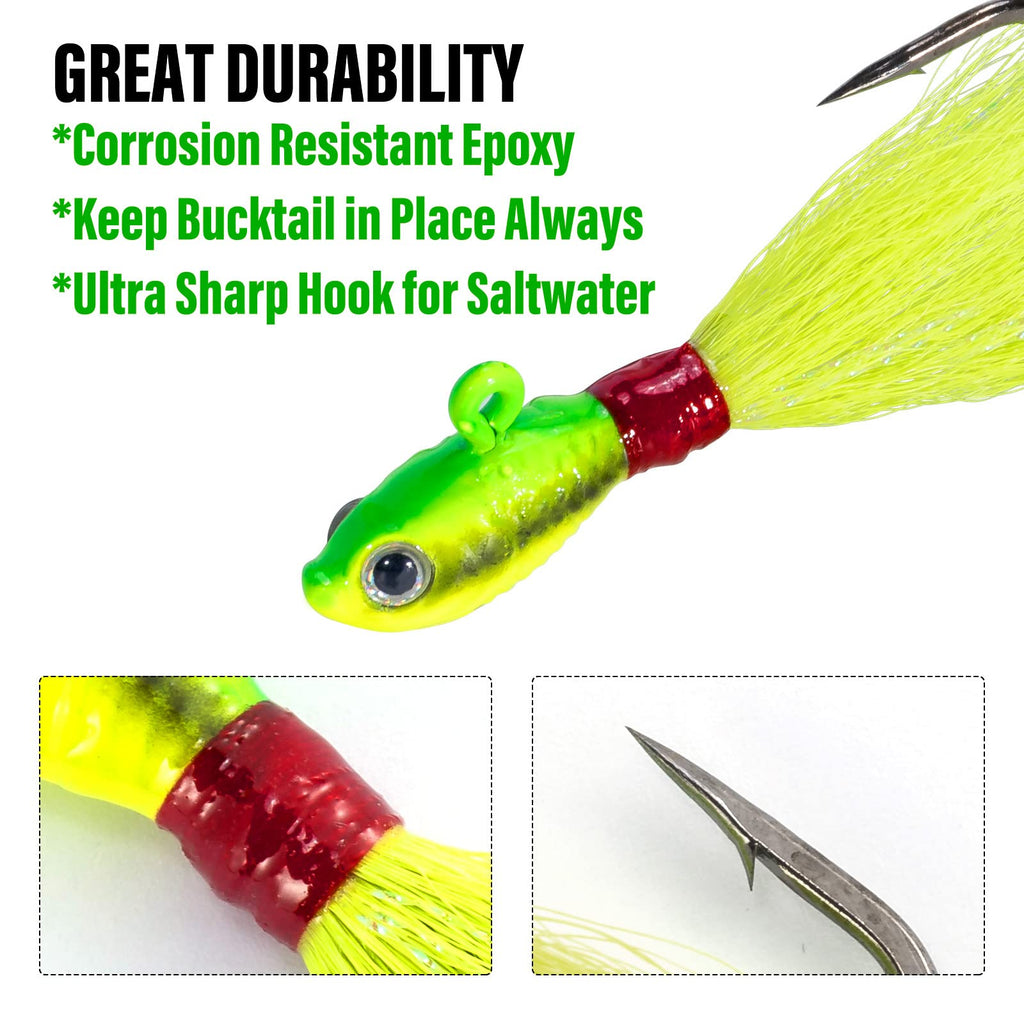 Dr.Fish 3 Pack Bucktail Jig Lure Hair Jig Saltwater Freshwater Lures Surf Fishing Bass Flounder Striper Bluefish Halibut Redfish