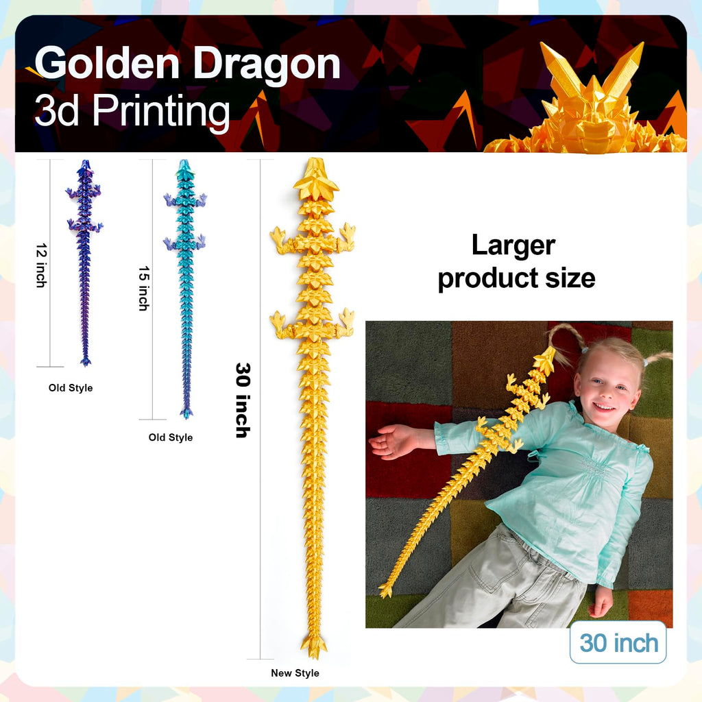 24" Large 3D Printed Dragon - Huge Articulated Crystal Dragon Fidget Toy, Giant Flexible 3D Dragon Figure, Birthday Gift for Boys Girls Kids & Collectors, Home Office Executive Desk Decor