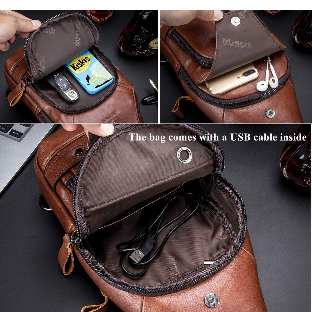 BULLCAPTAIN Genuine Leather Sling Bag for Men XB-129 | USB Charging Port, Multi-pocket, Chest Bag, Hiking Travel Daypack