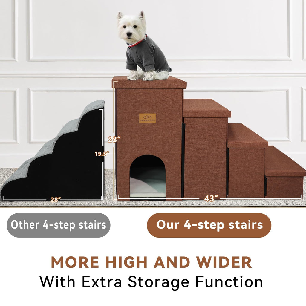 Zerbuger Dog Stairs with Condo 15" H, 2-Step Wider Dog Steps for Small/Medium/Large Old Dogs Cats, Folding Sturdy Storage Pet Stairs Climbing Bed Couch, Ramp for Car Hold Up to 150 lbs, Beige