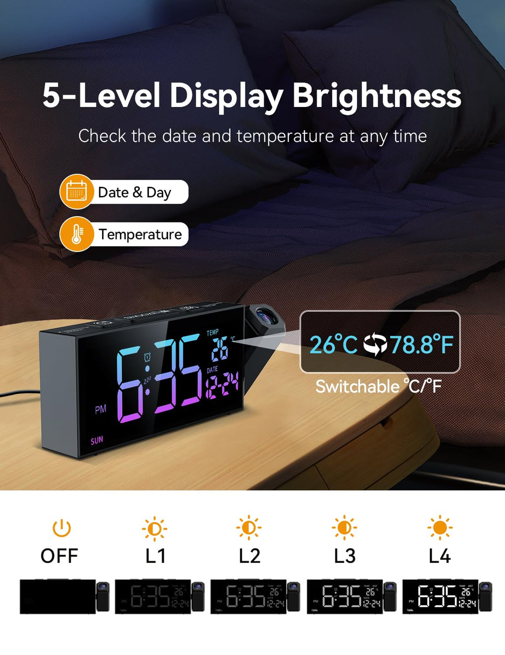 Netzu Projection Clock for Bedroom Ceiling, Alarm Clocks with 180° Rotatable Projector, Date Temperature and Weekday, Manual DST, 5 Brightness, 10 Ringtones, 4 Volumes and Snooze (Black)