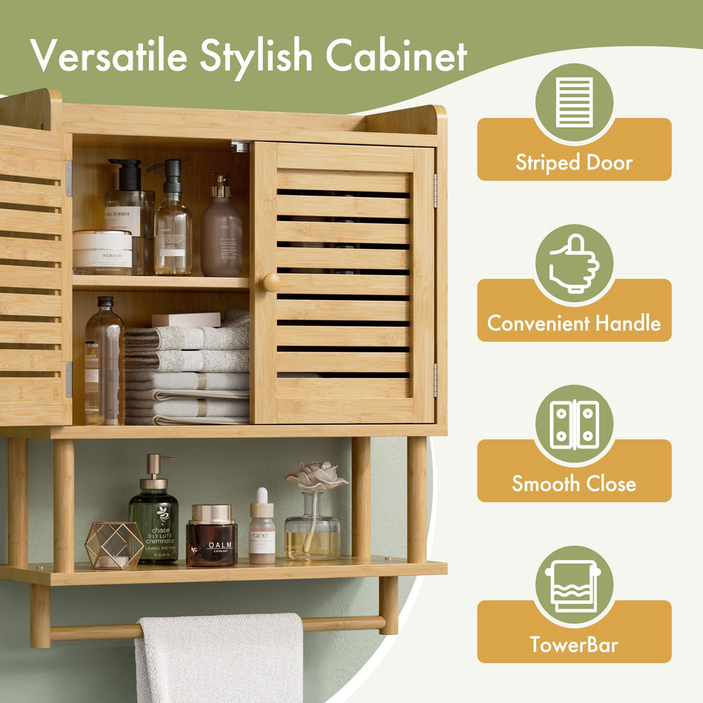 AmazerBath Bathroom Wall Cabinets, Bamboo Medicine Cabinet with Rattan Door, Over The Toilet Storage Cabinet with Towel Bar, Wall Mounted Cabinet with Adjustable Shelves for Small Spaces