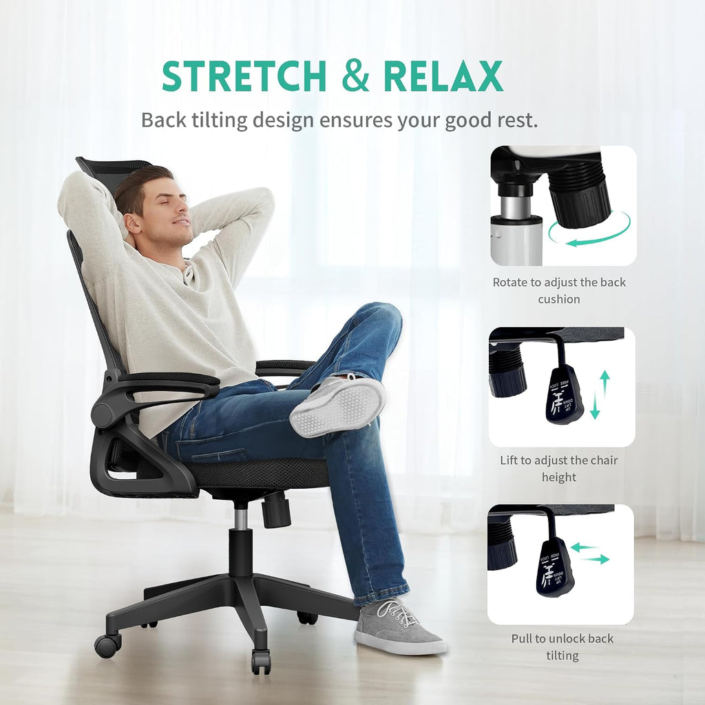 Ergonomic Office Chair, Adjustable Lumbar Support & Rotatable Headrest, 90° Flip-Up Armrests – Breathable Mesh Desk Chair with Thickened Cushion, 360 Swivel – Easy Assemble for Home/Gaming/Office