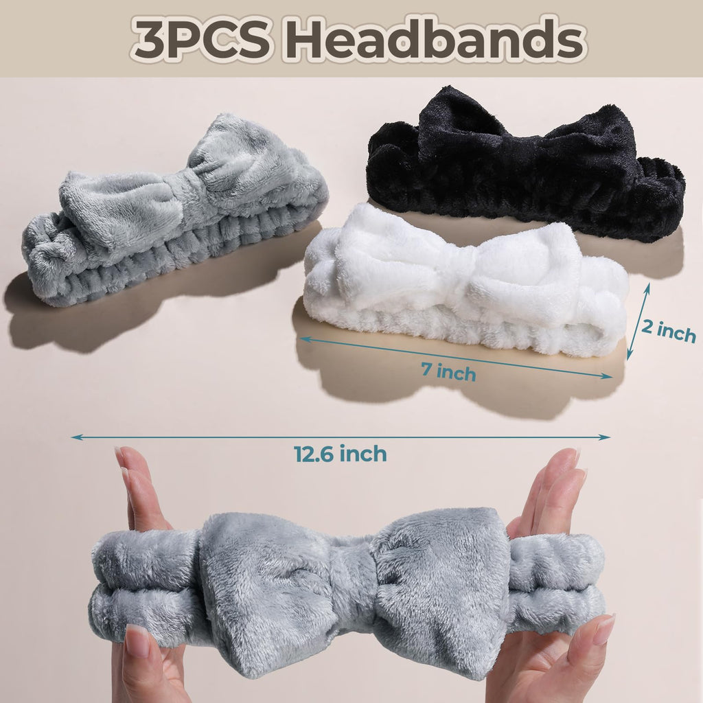 LEOBRO Spa Headband, 6pcs Makeup Headbands and Hair Scrunchies, Bow Skin Care Headband for Washing Face for Teen Girls Women, Easter Basket Valentines Gifts for Girls, Black & White & Gray