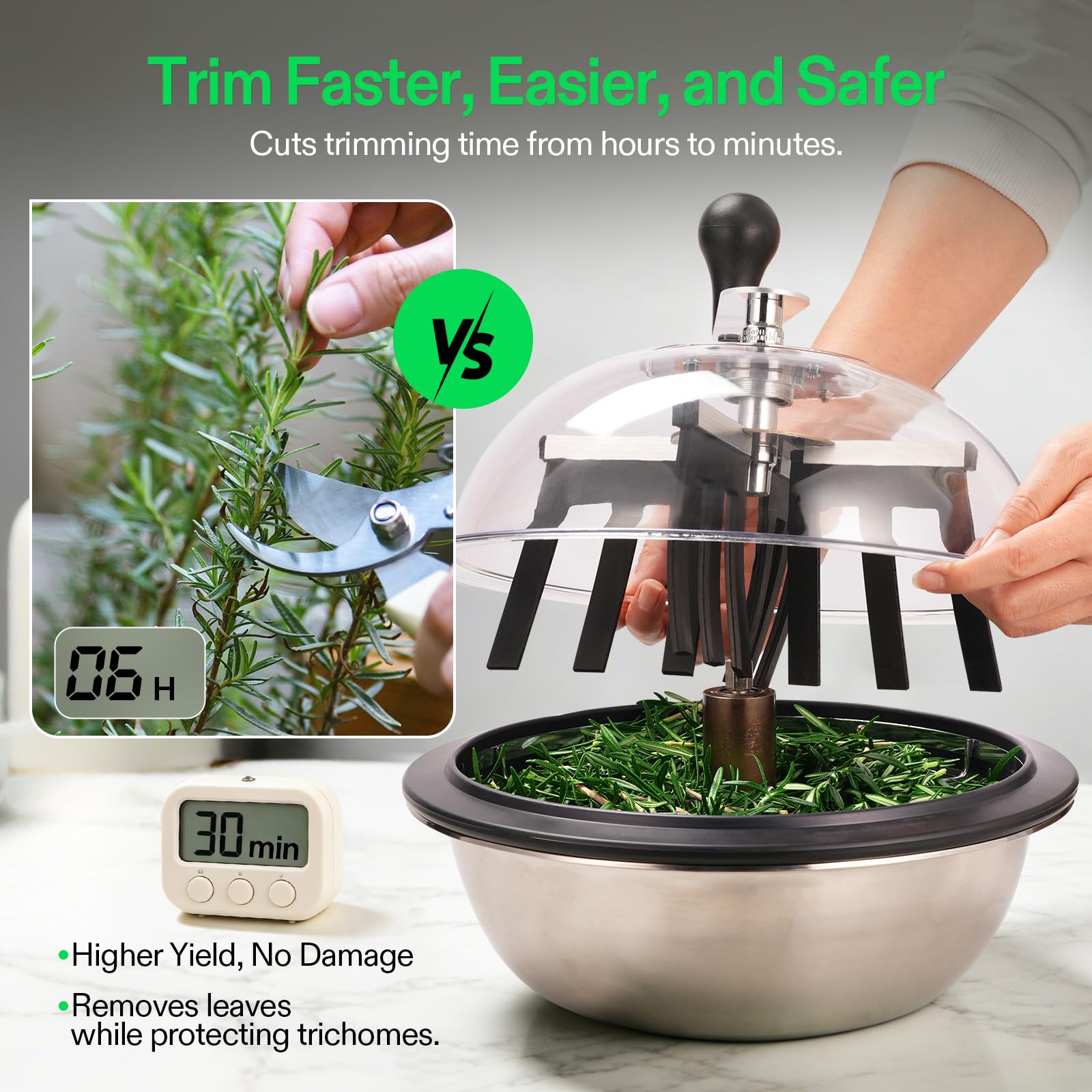 VIVOSUN 13 inch Bud Leaf Bowl Trimmer- Clear Visibility Dome, Sharp Stainless Steel Blades for Spin Cut & Solid Metal Gear Box, Hand Pruner Included (Upgraded Version)