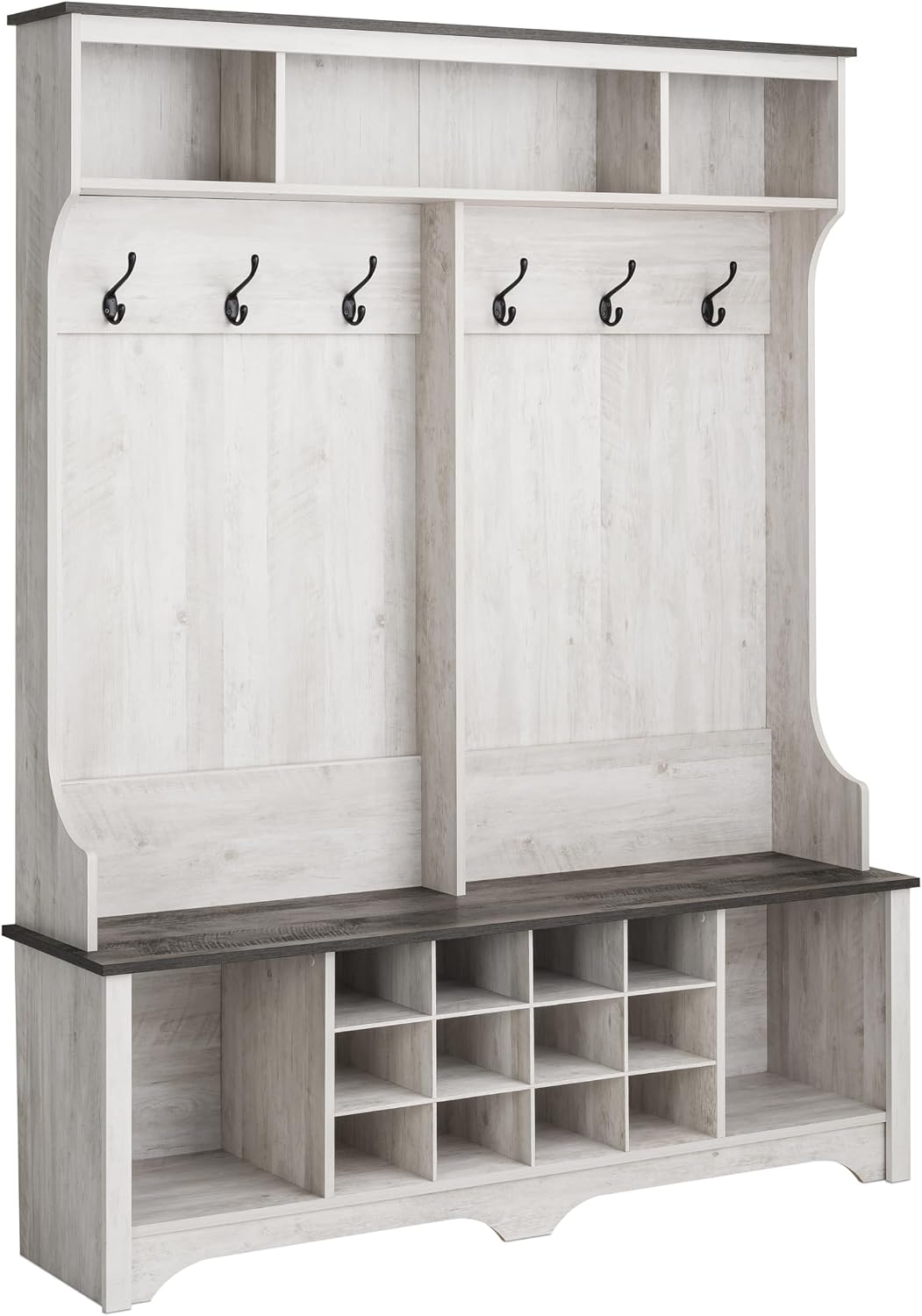 Prepac Farmhouse Washed White Hall Tree, Shoe Cabinet, Storage Cabinet with 12 Shoe Cubbies, 2 Boot Cubbies and 6 Double Coat Hooks 15.5" D x 60" W x 77" H
