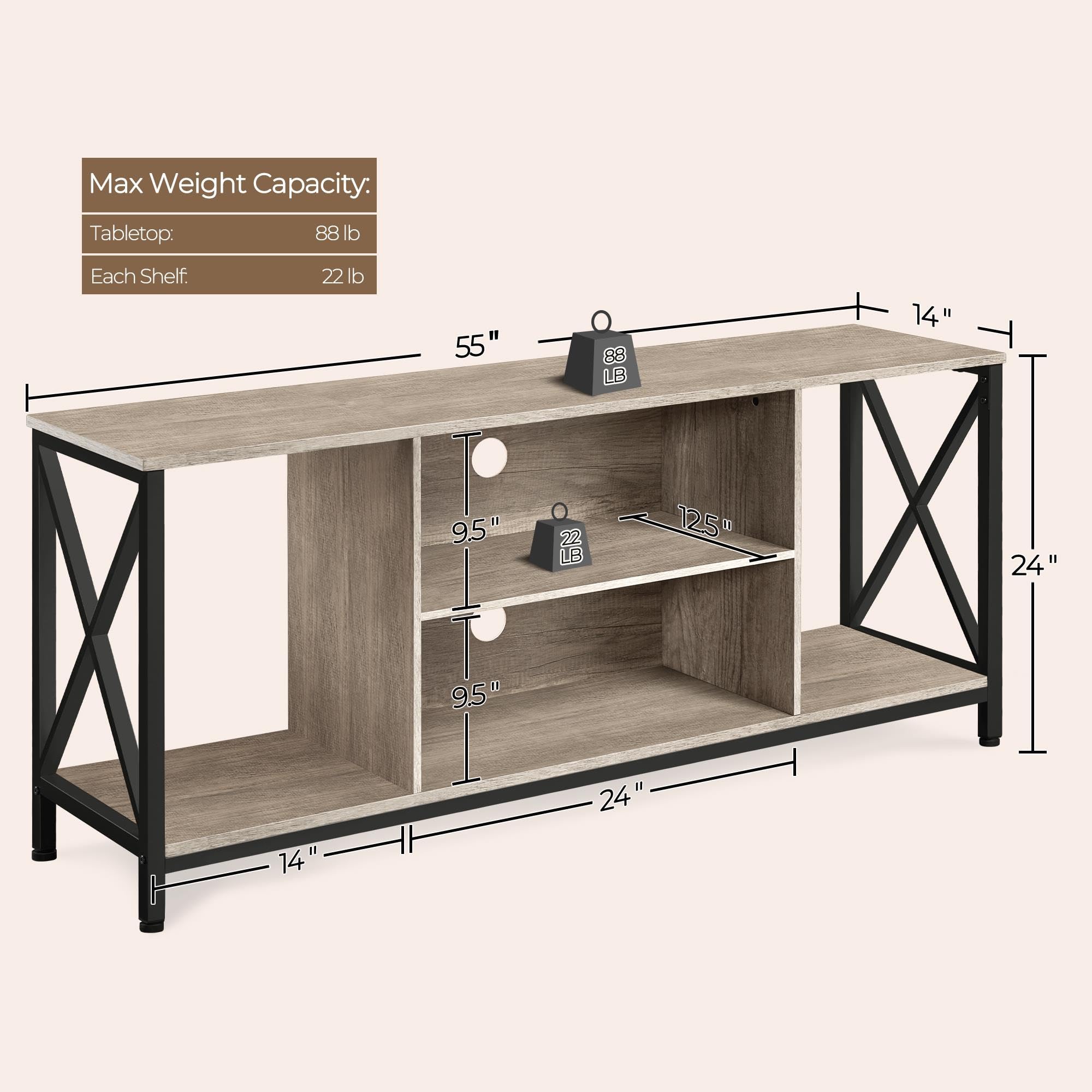 Yaheetech Industrial TV Stand for 55 Inch TV, Entertainment Center Media Console Table with Open Storage for Living Room, Wood Modern Furniture, Gray
