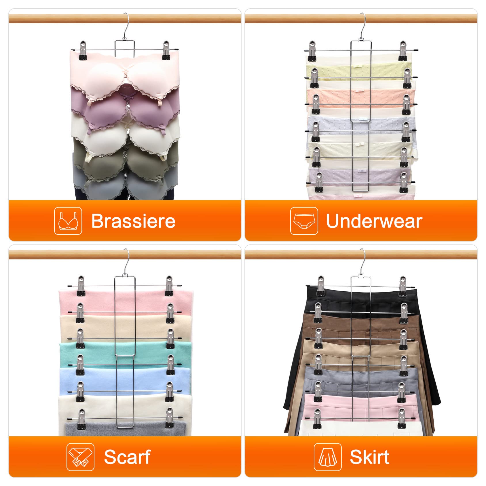 Closet Organizers and Storage, 6 Tier Storage and Organization Pants Hangers Space Saving, Metal Skirt Hangers with Adjustable Clip, 360° Swivel Hook, Dorm Room Essentials for College Students Girls