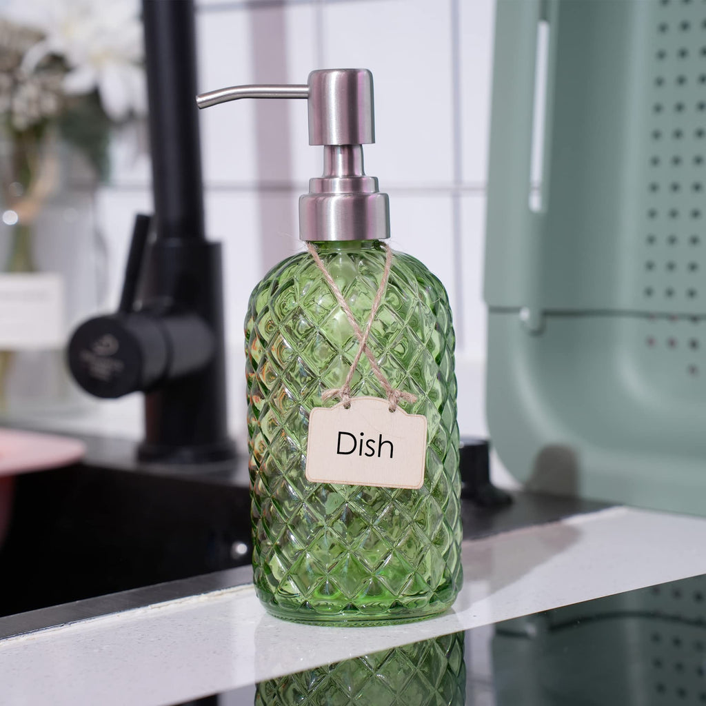 16 oz Diamond Pattern Glass Soap Dispenser, Kitchen and Bathroom Refillable Soap Dispenser with Rust Resistant Stainless Steel Pump for Hand Soap, Lotion Glass Liquid Dispenser(Amber)