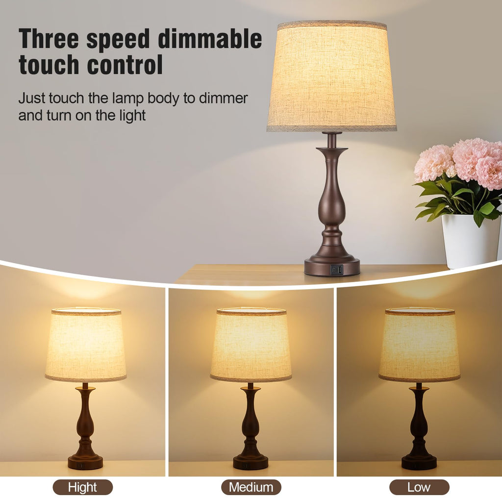Bedside Table Lamp Touch Control Bedroom Lamps with USB A and C Charging Port 3 Way Dimmable Touch Lamps for Nightstand Living Room Bedroom Dorm Home Office Reading, Set of 2