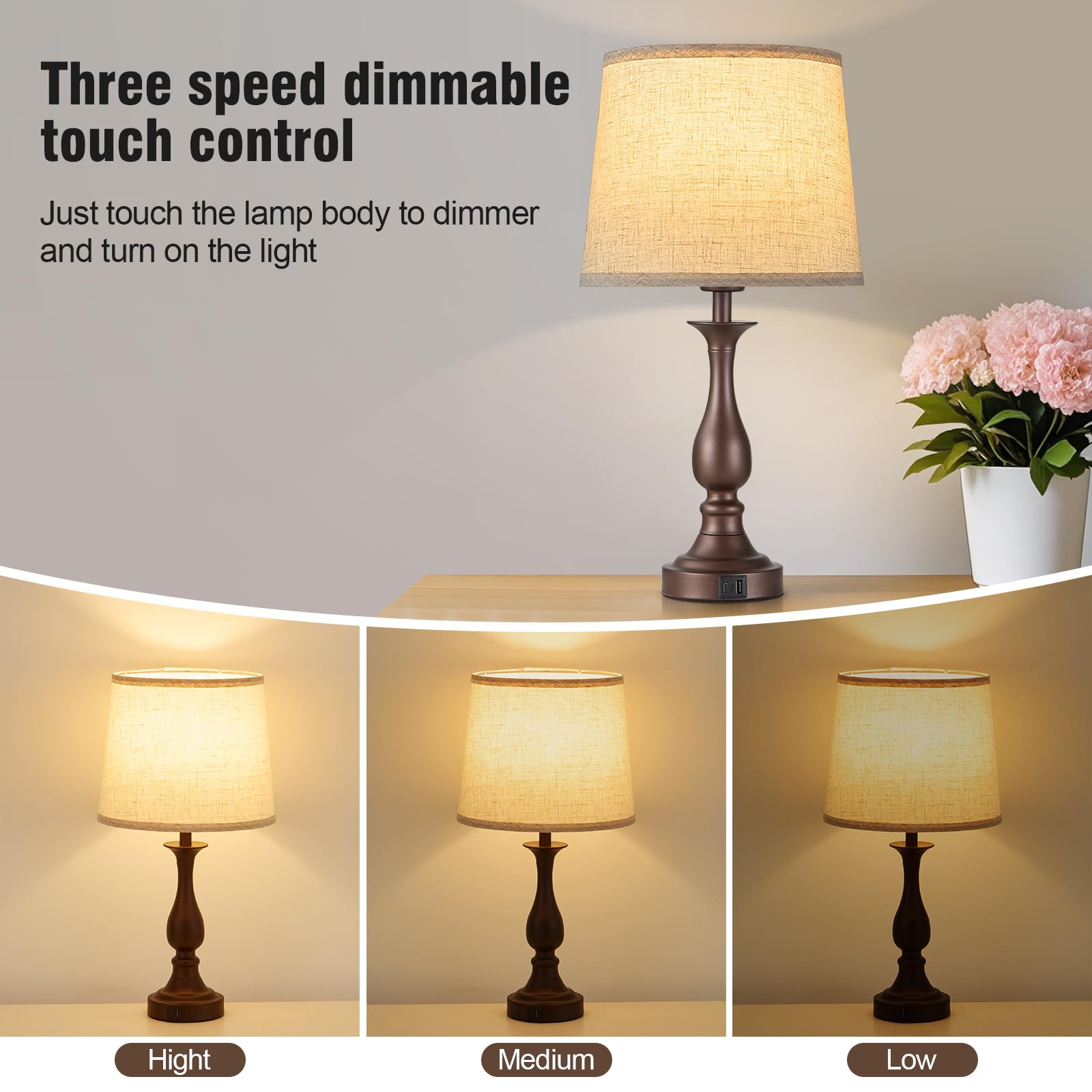 Bedside Table Lamp Touch Control Bedroom Lamps with USB A and C Charging Port 3 Way Dimmable Touch Lamps for Nightstand Living Room Bedroom Dorm Home Office Reading, Set of 2