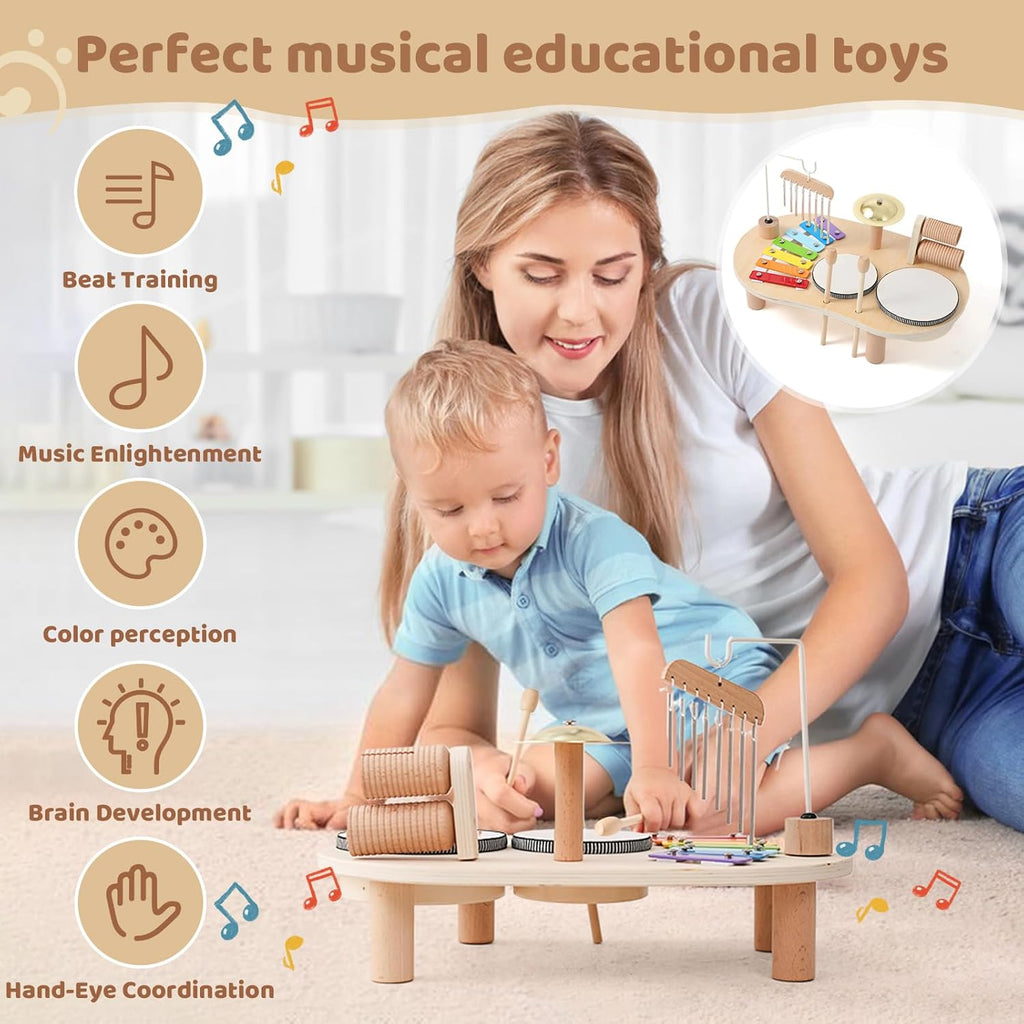 Wooden Drum Set for Toddlers 1-3, Musical Percussion Instruments for Kids Baby Drum Set Xylophone, Montessori Educational Musical Toys for Girls Boys Ages 3+