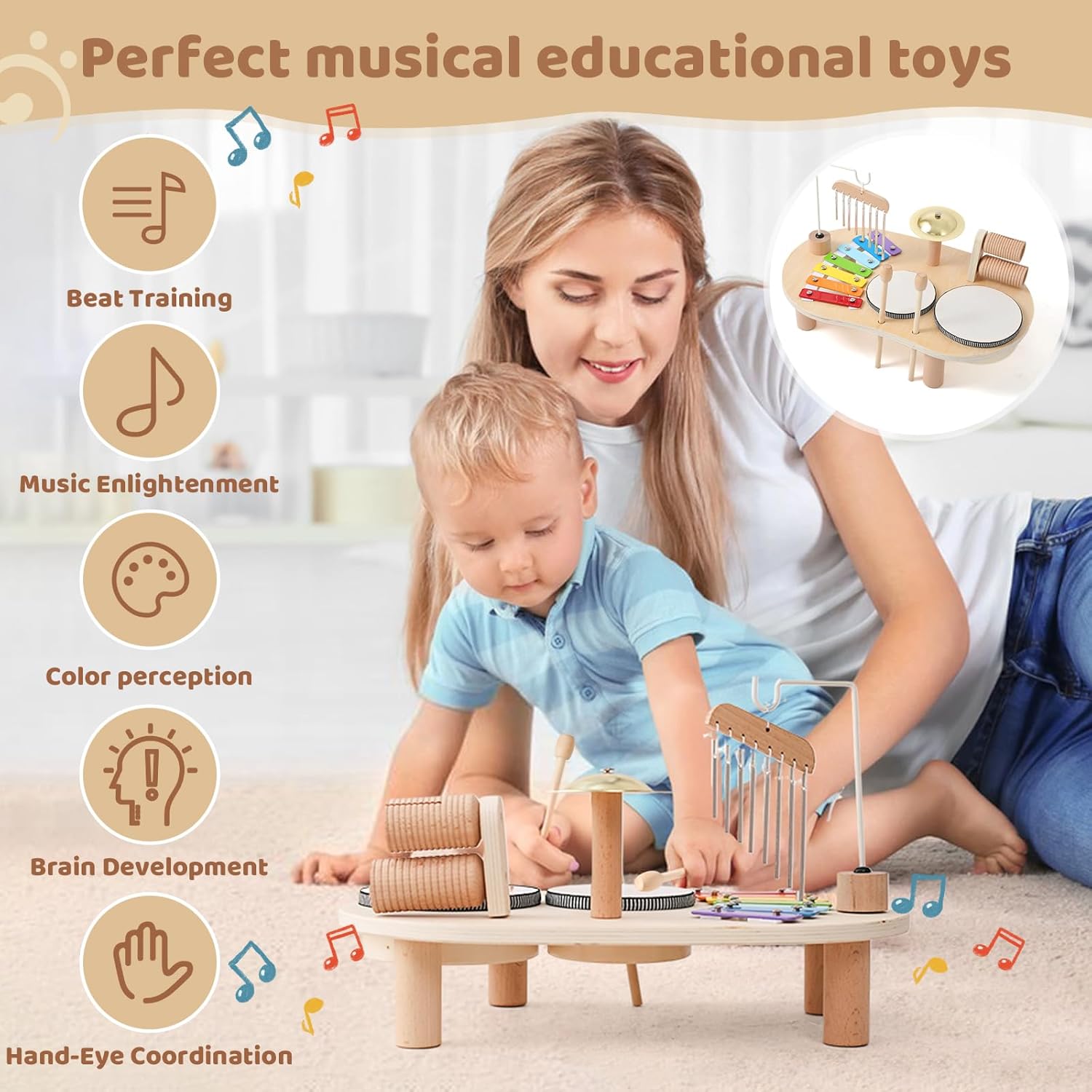 Wooden Drum Set for Toddlers 1-3, Musical Percussion Instruments for Kids Baby Drum Set Xylophone, Montessori Educational Musical Toys for Girls Boys Ages 3+