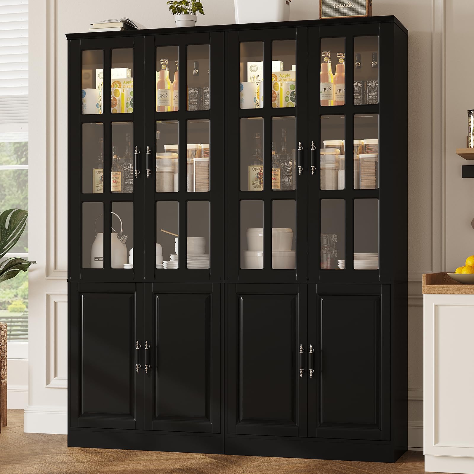 MEISSALIVVE Kitchen Pantry Storage Cabinet with LED Lights, 78.7" Tall with Glass Doors & Drawers, Freestanding Utility Cabinet, Black (31.5" W x 15.7" D)