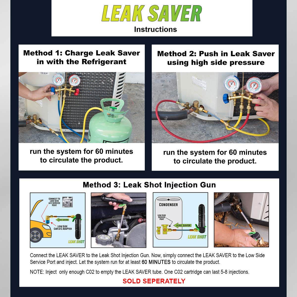 Leak Saver Direct Inject Small System with UV Dye - Refrigerant Leak Sealer - Detects Large Leaks - Ideal for Most Small Home Appliances and HVAC Systems up to 1 Ton - Proudly Made in The USA