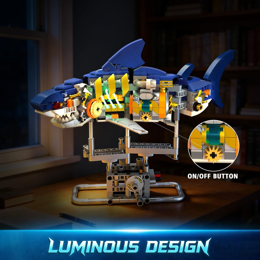 INSOON Mechanical Shark Building Set with LED Light, 687 PCS Interactive Building Block Model with Display Stand, Movable Ocean Animal STEM Toy, Home Decor Gift for Adults Teens Kids Boys Ages 8-12+