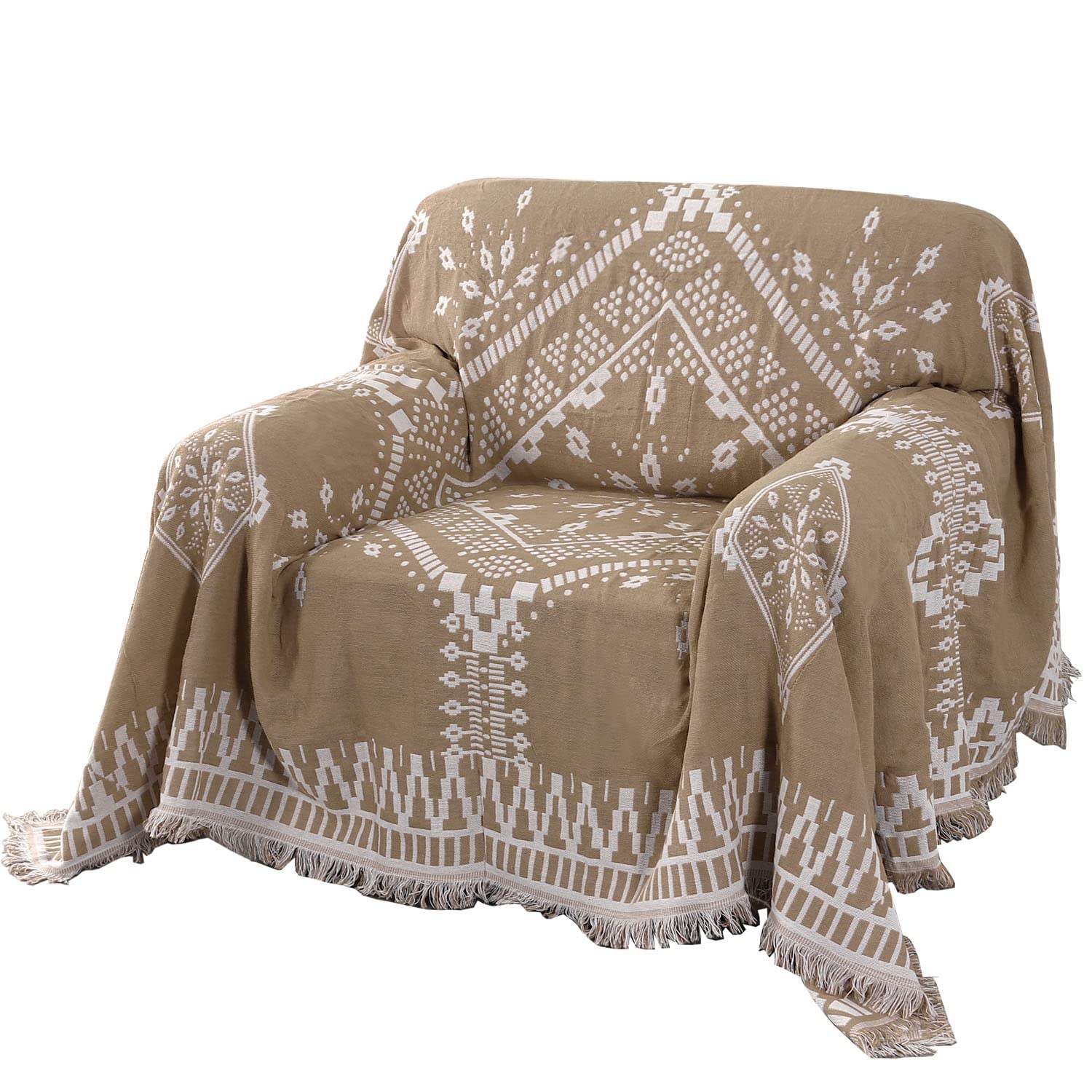 H.VERSAILTEX Cotton Sofa Covers Couch Cover Sofa Slipcover for Most Shape Sofas, Feature Thick Woven Jacquard Seamless with Tassels, Multi-Use Decorative for Couch (Medium: 71" x 91", Green)