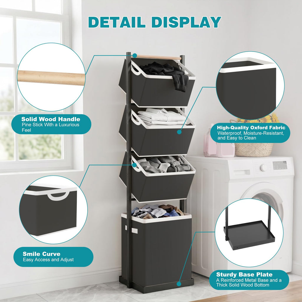 BAOKALER Rolling Laundry Hamper Cart with Wheels, 3 Tier White Laundry Baskets, Clothes Hamper with Portable Storage Baskets for Kitchens, Bathrooms, Bedrooms, Classrooms, Laundry Rooms(75L)