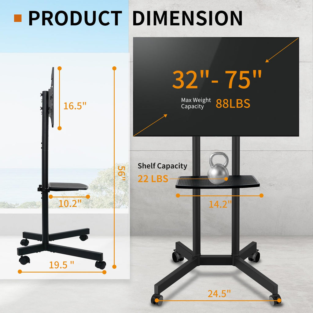 Solid Grace Rolling TV Stand with Power Outlet for 32-75 Inch TVs up to 88lbs, Portable TV Stand with Shelf, Mobile TV Cart for Living Room, Office, Meeting Room, Outdoor(with Power Outlet+Shelf)