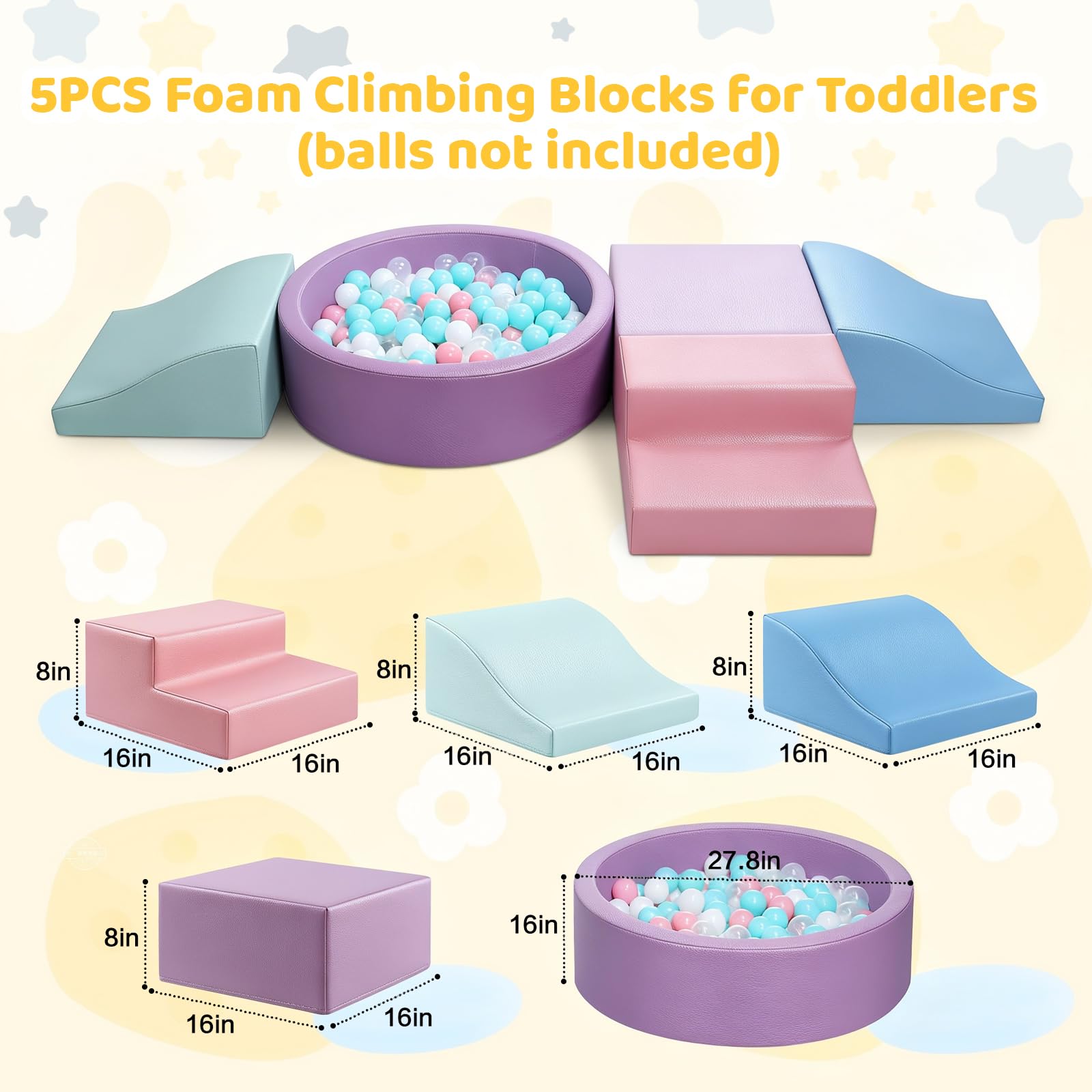 Foam Climbing Blocks for Toddler: with 4-Piece PU Leather Climbing Toys and a Ball Pit - Foam Ball Pit for Toddlers - Climbing Toys Indoor for Kids Crawling (Beige/Ivory Climbing Blocks)