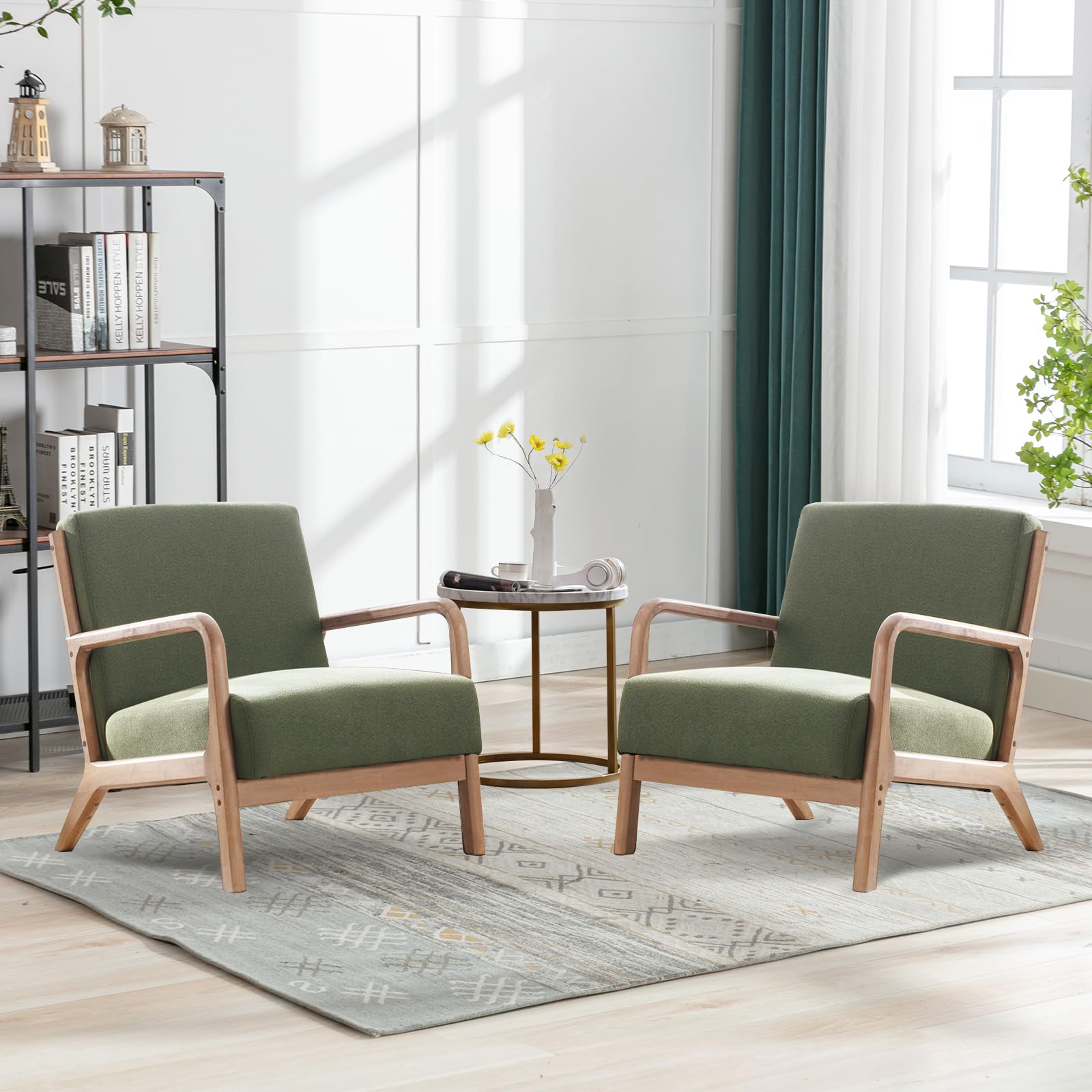 ANJ Mid Century Modern Accent Chair, Comfy Fabric Living Room Chairs with Solid Wood Frame, Lounge Reading Armchair, Easy Assembly, Beige