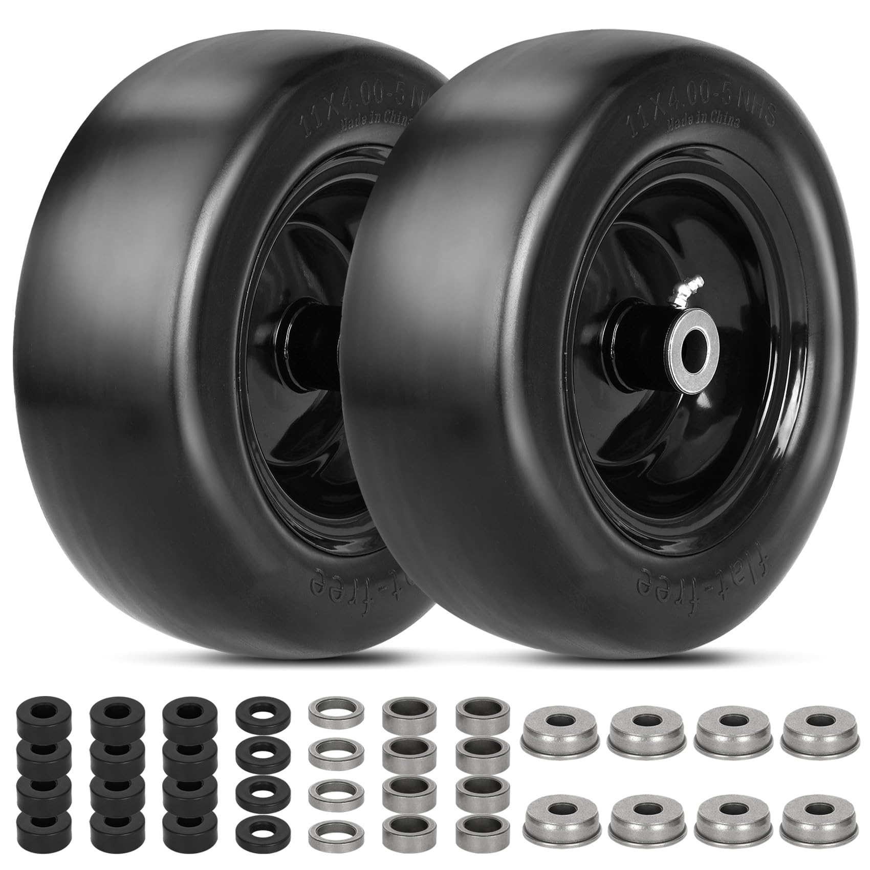 2 PCS 11x4.00-5" Lawn Mower Tires Flat Free,3/4" 5/8" 1/2" Bushing,3.4"-4"-4.5"-5" Centered Hub,Universal Fit Smooth Tread Tire for Zero Turn Lawn Mowers, with Universal Adapter Kit(Blcak Rim)