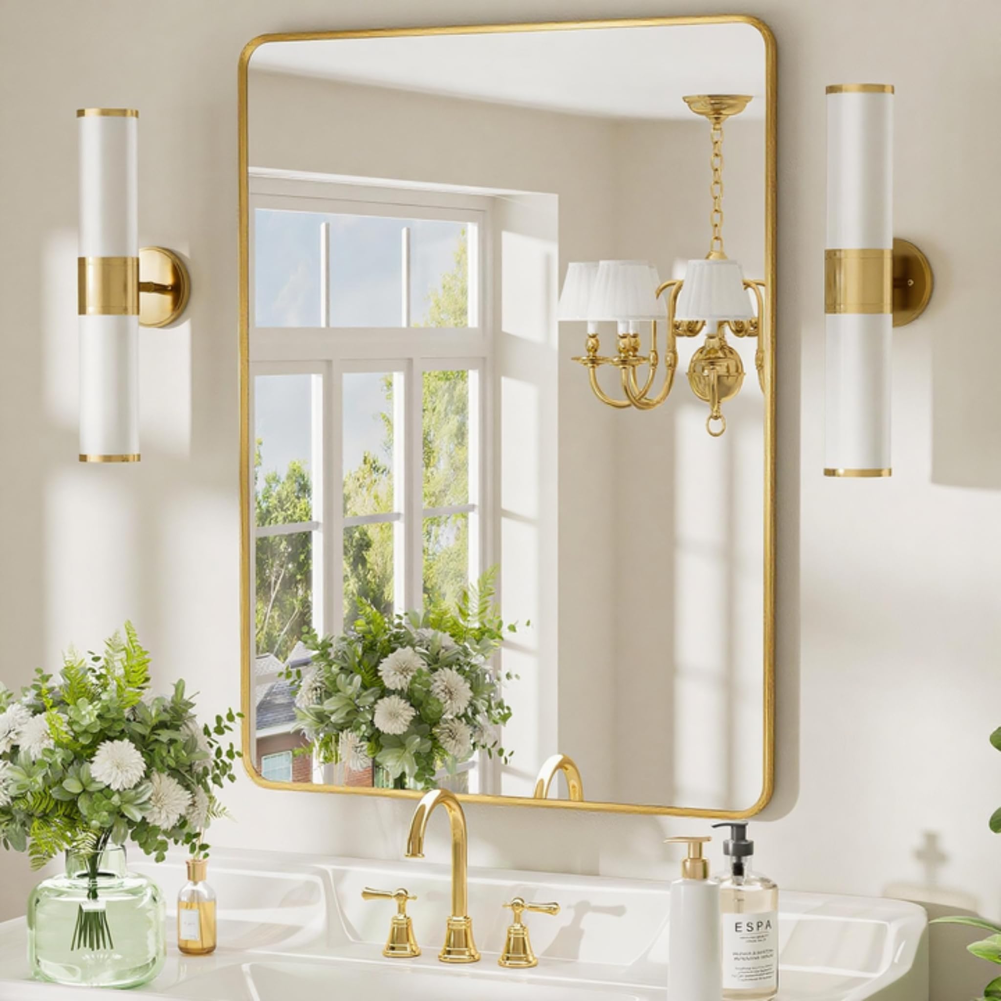 22x30 inch Gold Bathroom Mirror,Rounded Rectangle Gold Metal Framed, HD Tempered Glass, Horizontal or Vertical Hanging, Modern Bathroom Decor
