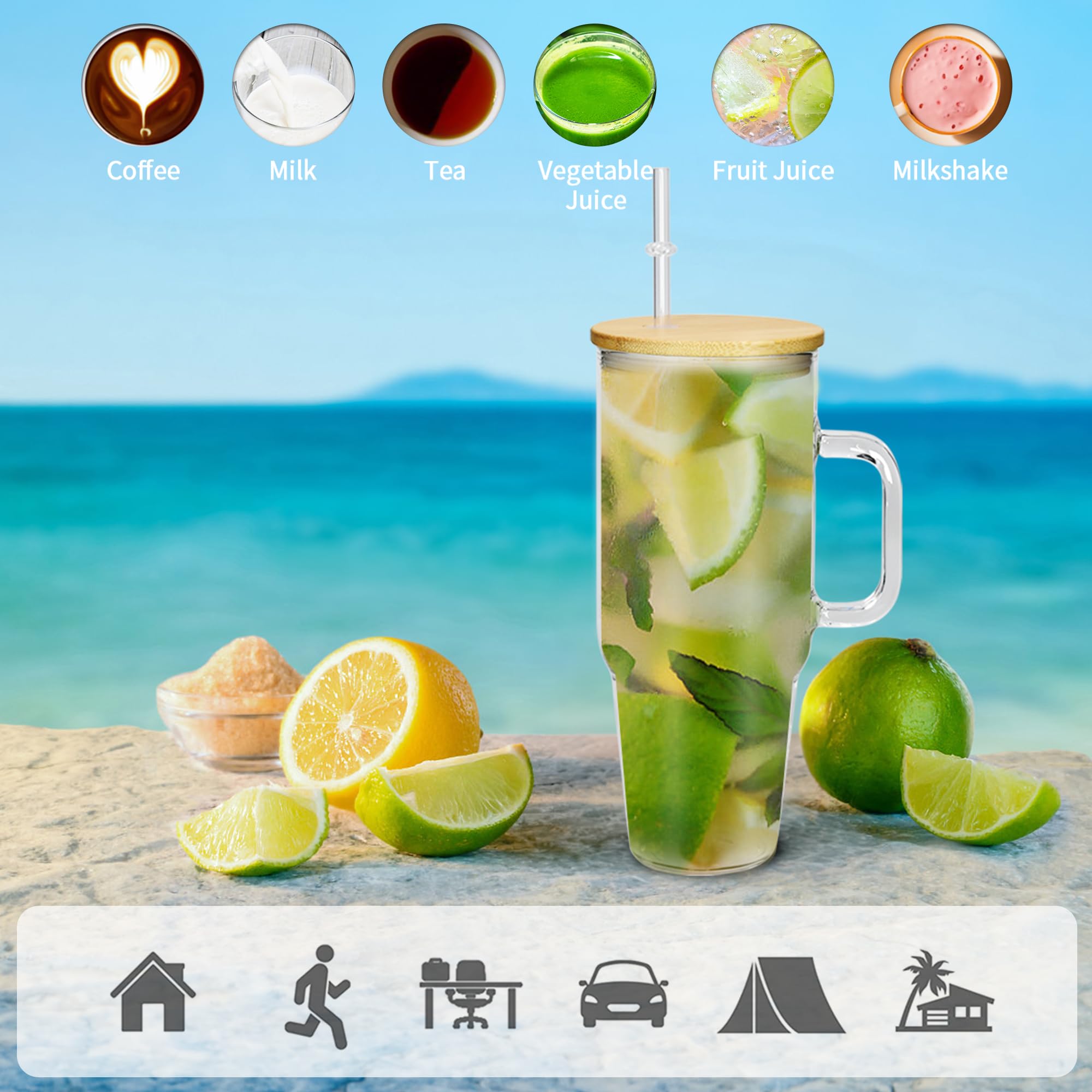 40 oz Glass Tumbler with Handle 12 Pack Glass Tumbler with Straw and Lid Clear Reusable Iced Coffee Cup, Fits Car Cup Holder, BPA Free, for Boba Tea, Juice, Smoothie, Beer(Sublimatable)