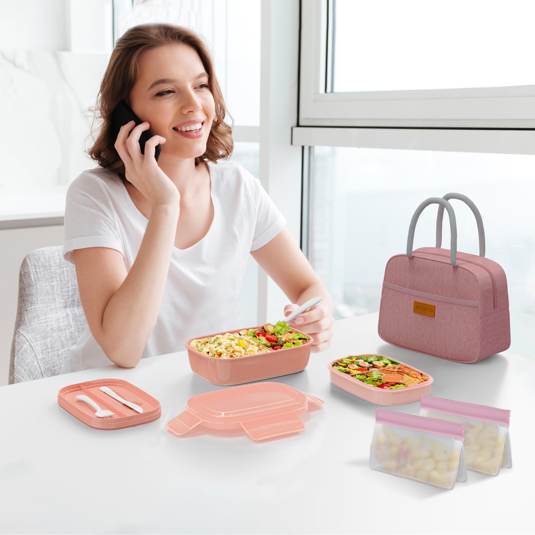 JBGOYON® Bento Lunch Box Set - 3 Stackable Containers for Adults and Kids- Includes Lunch Bag, Leak-Proof and BPA-Free - Built-in Utensil Set and Snack Bag - Dishwasher Safe(Grey Black)