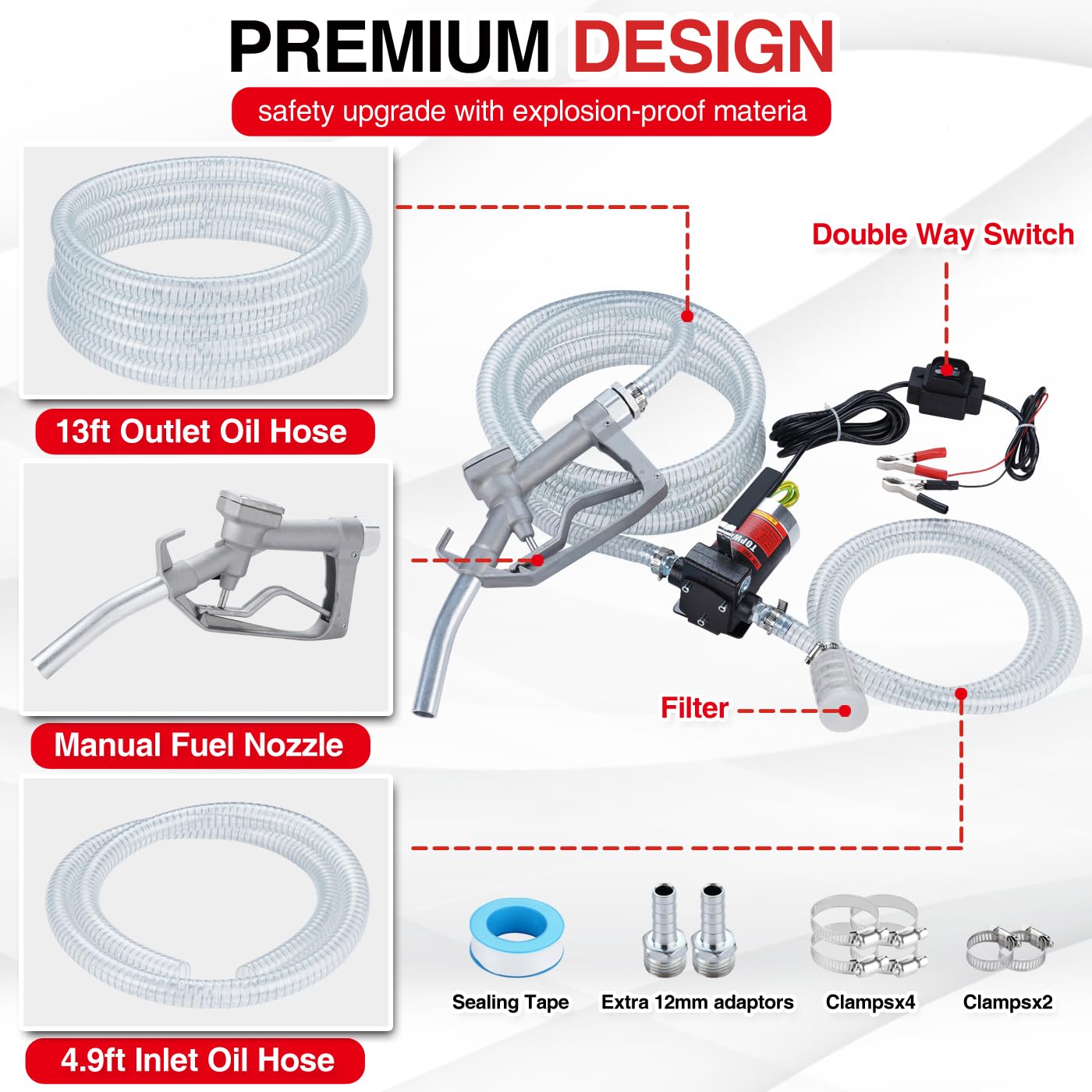 TOPWAY 12V DC Gasoline Fuel Pump 3.7GPM Self-priming Oil Transfer Pump With Handle, Reversible Pumping, Overheat Protection, Explosion-Proof, Built-in Bypass, for Gasoline Fuel Diesel Kerosene Removal