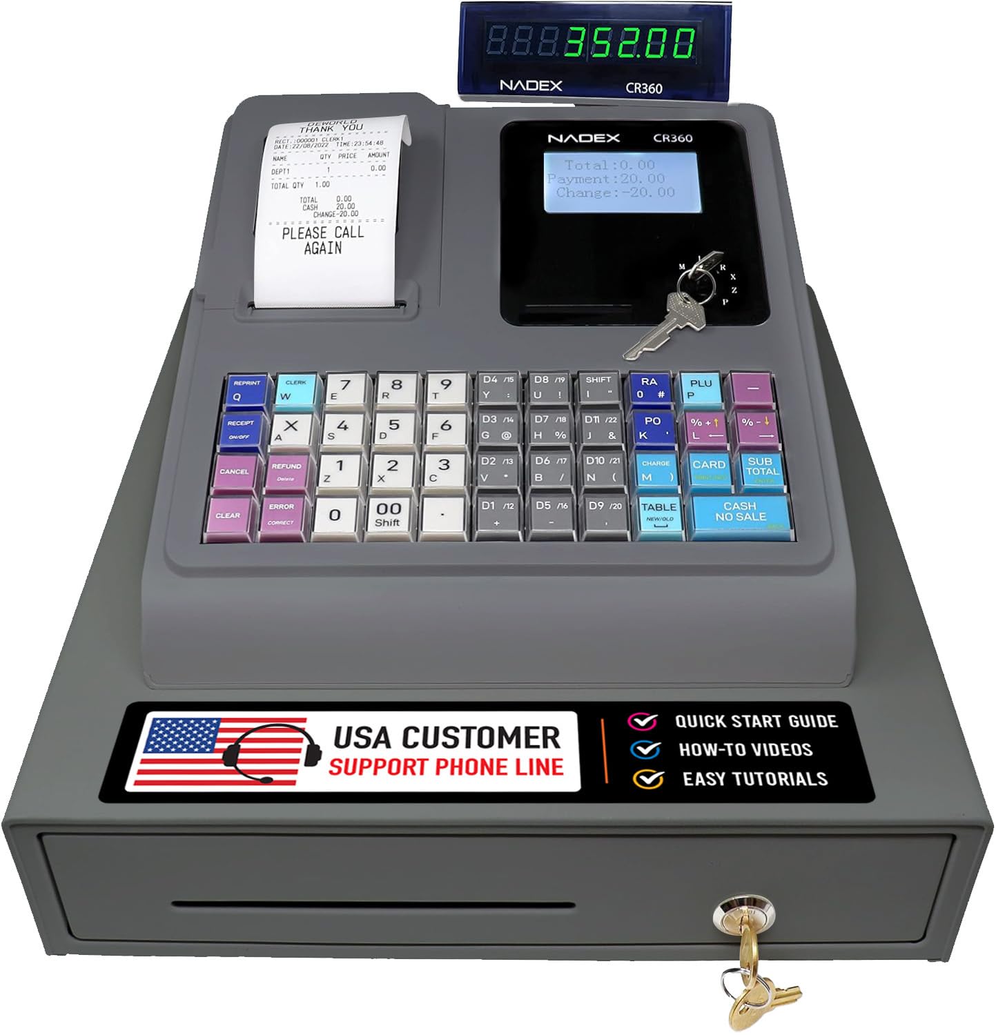 Nadex CR360 Cash Register, 4700 Lookups 50 Dept 50 Clerks, Quick Load Thermal Printer, Compact Size, Cash and Coin Drawer, Black