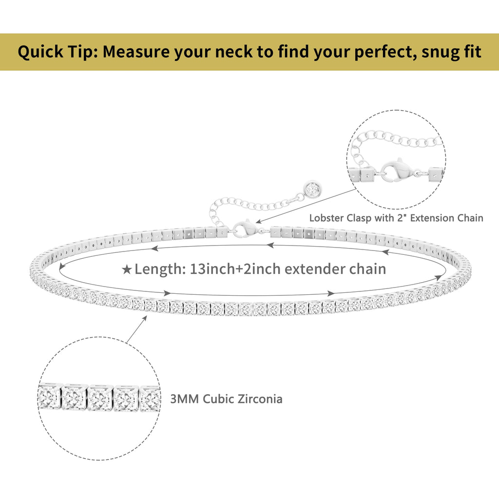 Robaice Tennis Necklace for Women, 14K Gold/Silver Plated Rhinestone Choker Necklace for Women, Dainty Cubic Zirconia Cut Faux Diamond Chain