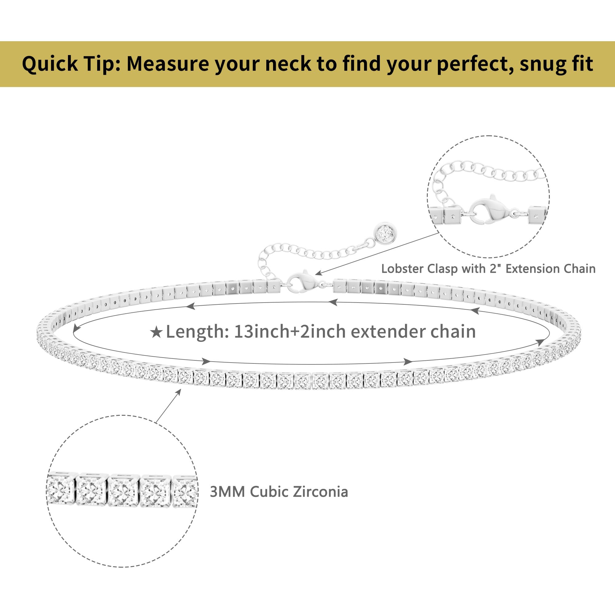 Robaice Tennis Necklace for Women, 14K Gold/Silver Plated Rhinestone Choker Necklace for Women, Dainty Cubic Zirconia Cut Faux Diamond Chain