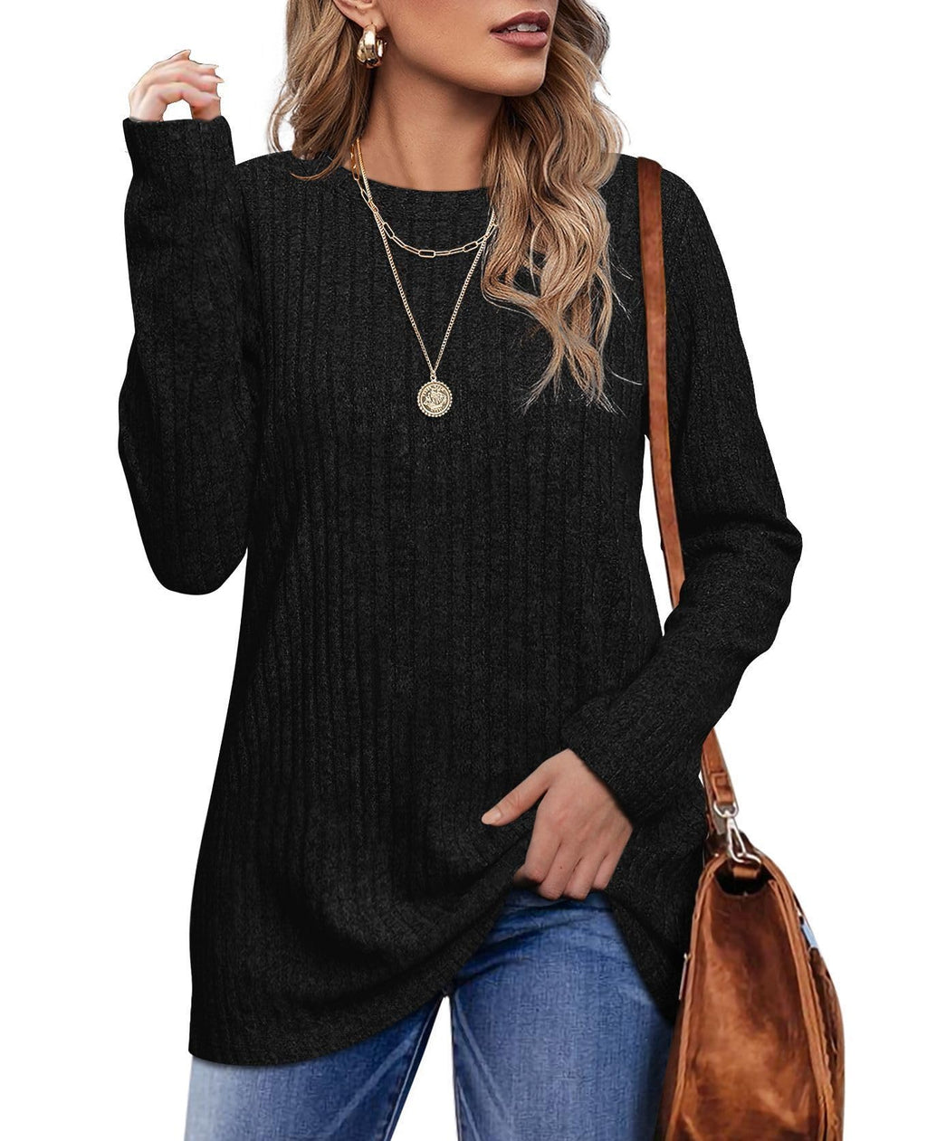 OFEEFAN Long Sleeve Shirts for Women Loose Fit Crew Neck Tunic Tops Blouse Dressy Casual Fall Winter Clothes Outfits