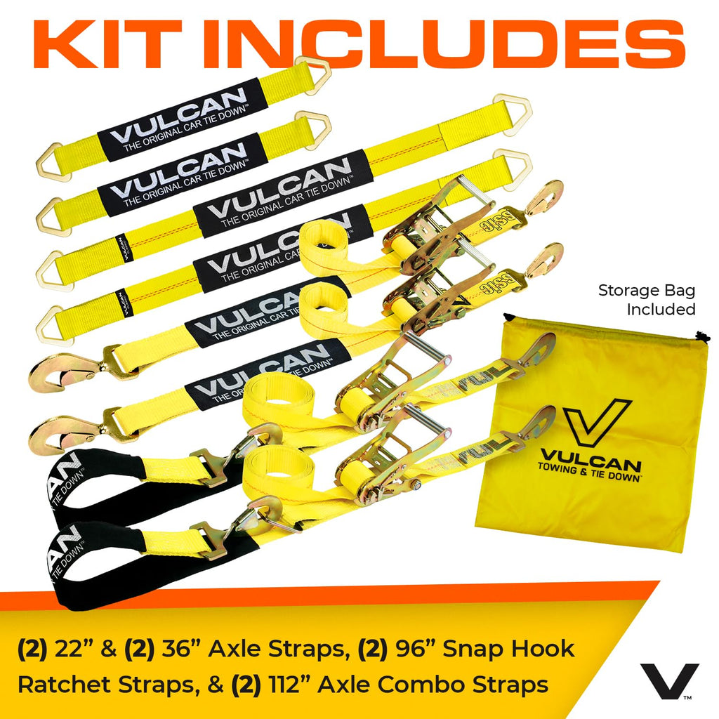 VULCAN Complete Axle Strap Tie Down Kit with Snap Hook Ratchet Straps - Classic Yellow - Includes (4) 22 Inch Axle Straps, (4) 36 Inch Axle Straps, and (4) 8' Snap Hook Ratchet Straps