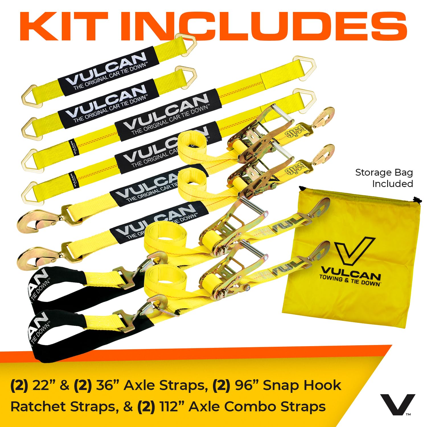 VULCAN Complete Axle Strap Tie Down Kit with Snap Hook Ratchet Straps - Classic Yellow - Includes (4) 22 Inch Axle Straps, (4) 36 Inch Axle Straps, and (4) 8' Snap Hook Ratchet Straps