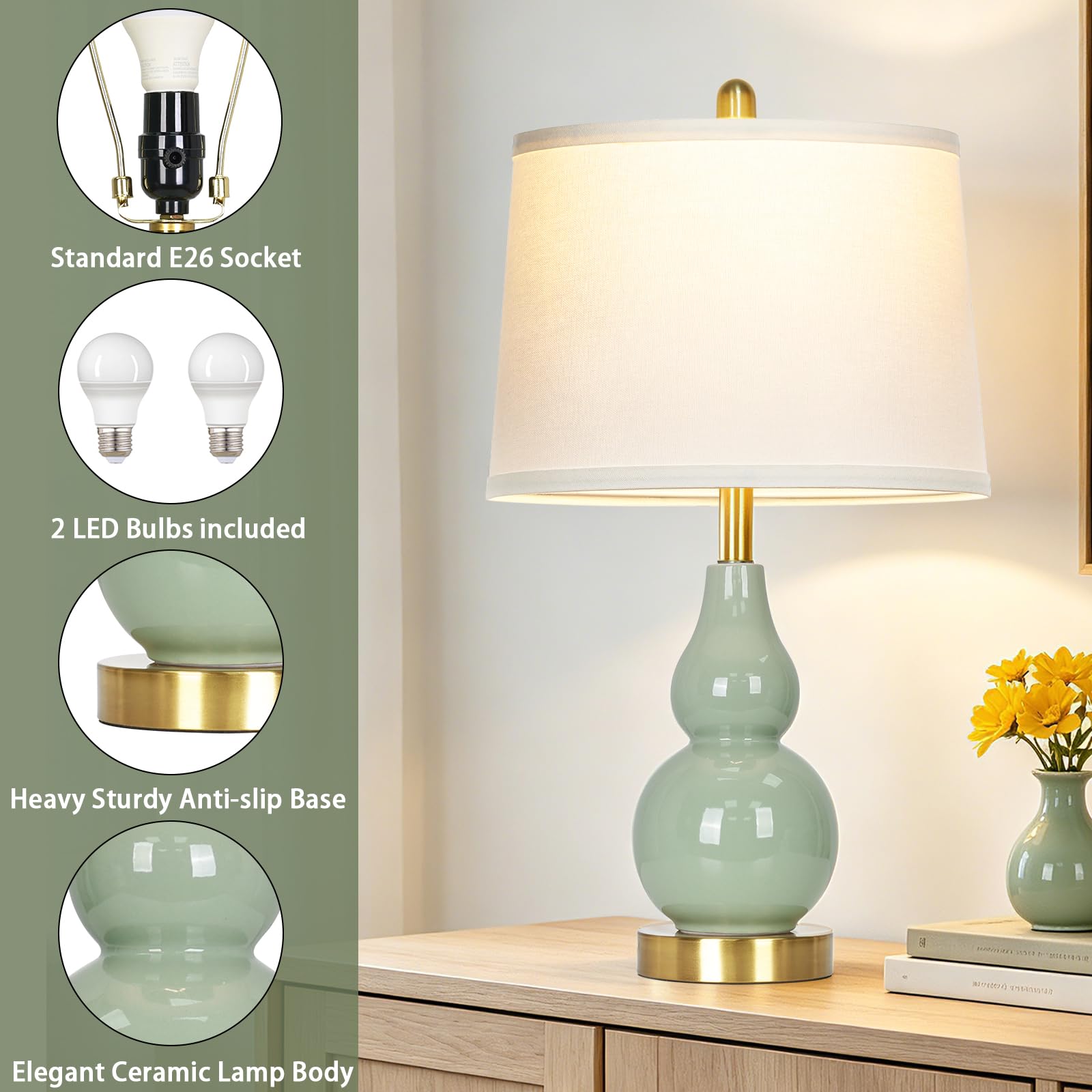 Rinweey Double Gourd Ceramic Table Lamps Set of 2, Modern Blue Bedside Lamps for Night Stand, Contemporary Nightstand Lamps for Bedroom Living Room (Bulb Included)