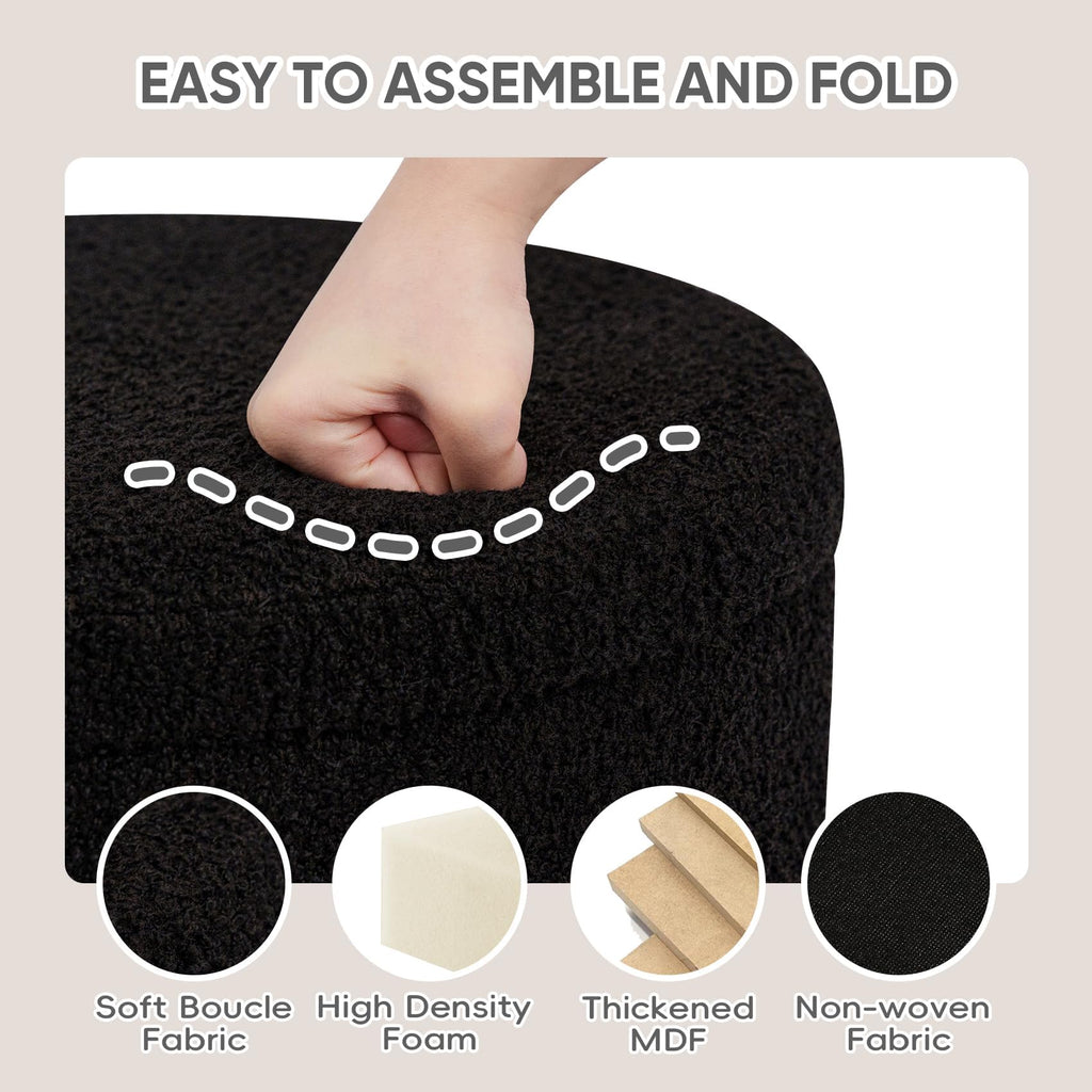 PINPLUS Round Storage Ottoman Foot Rest Stool with Tray Velvet Sherpa Folding Storage Ottoman,Boucle Foot Rest for Living Room, Bedroom, Dorm（Beige）
