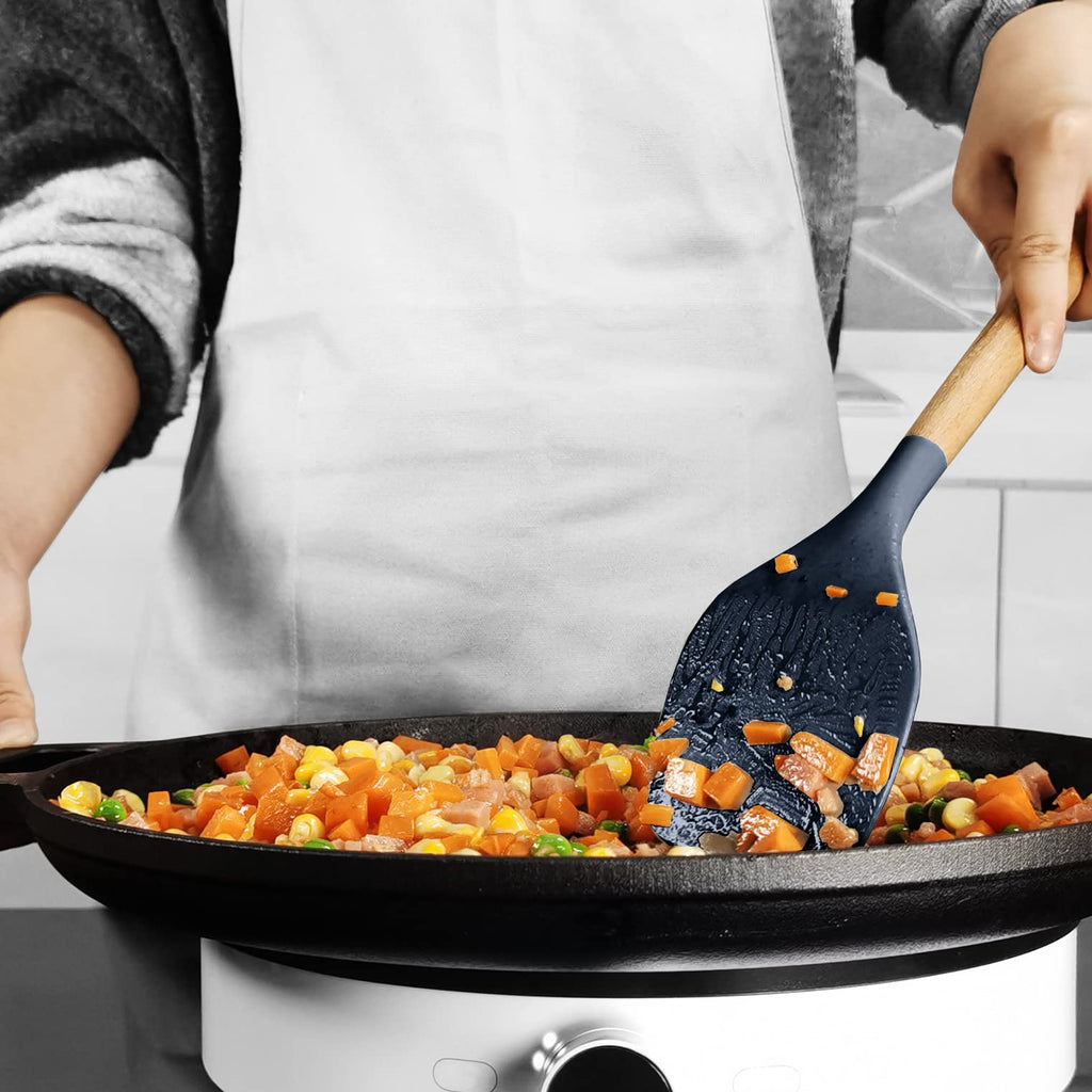oannao Silicone Cooking Utensils Set - 446°F Heat Resistant Silicone Kitchen Utensils for Cooking,Kitchen Utensil Spatula Set w Wooden Handles, BPA FREE Gadgets for Non-Stick Cookware (Black)