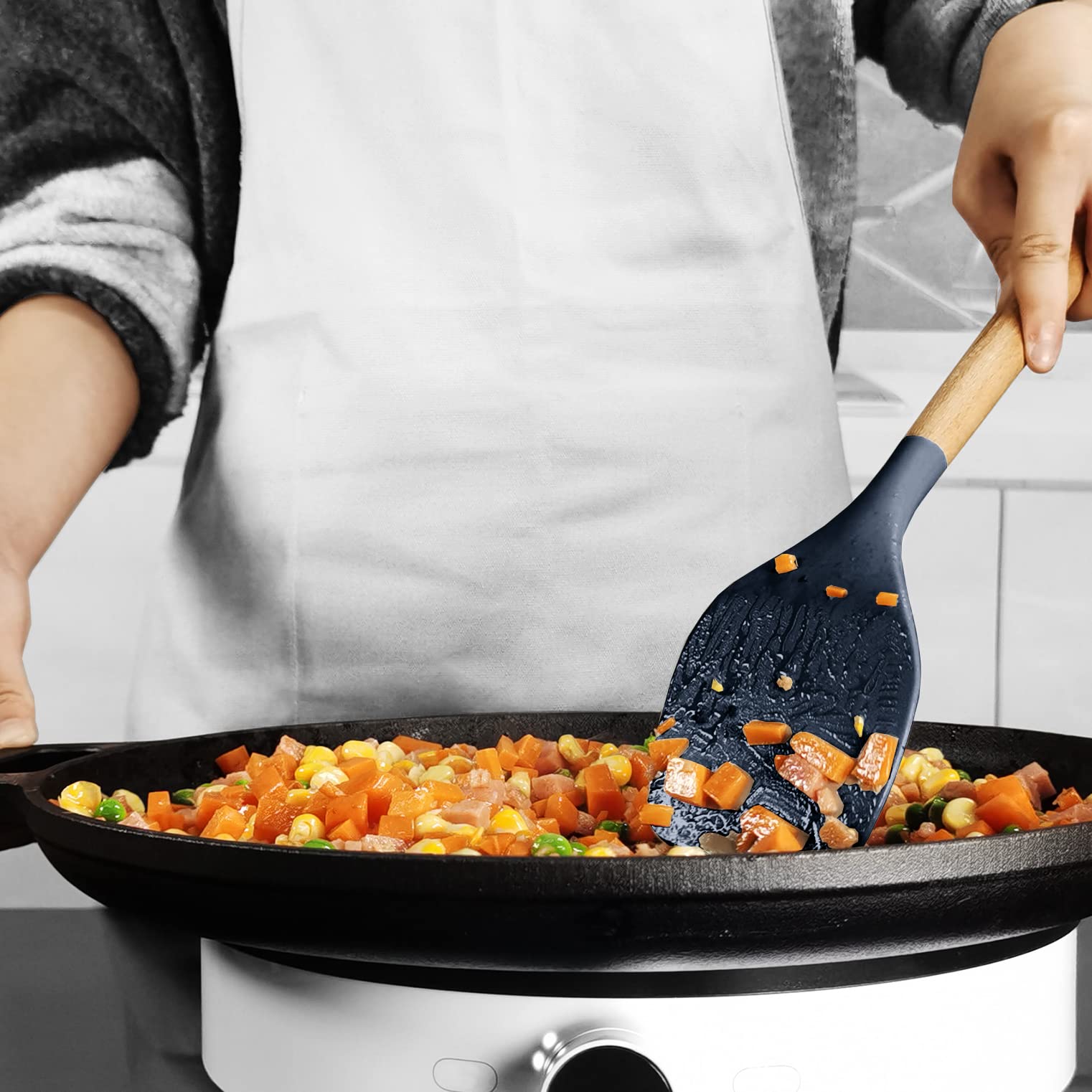 oannao Silicone Cooking Utensils Set - 446°F Heat Resistant Silicone Kitchen Utensils for Cooking,Kitchen Utensil Spatula Set w Wooden Handles, BPA FREE Gadgets for Non-Stick Cookware (Black)