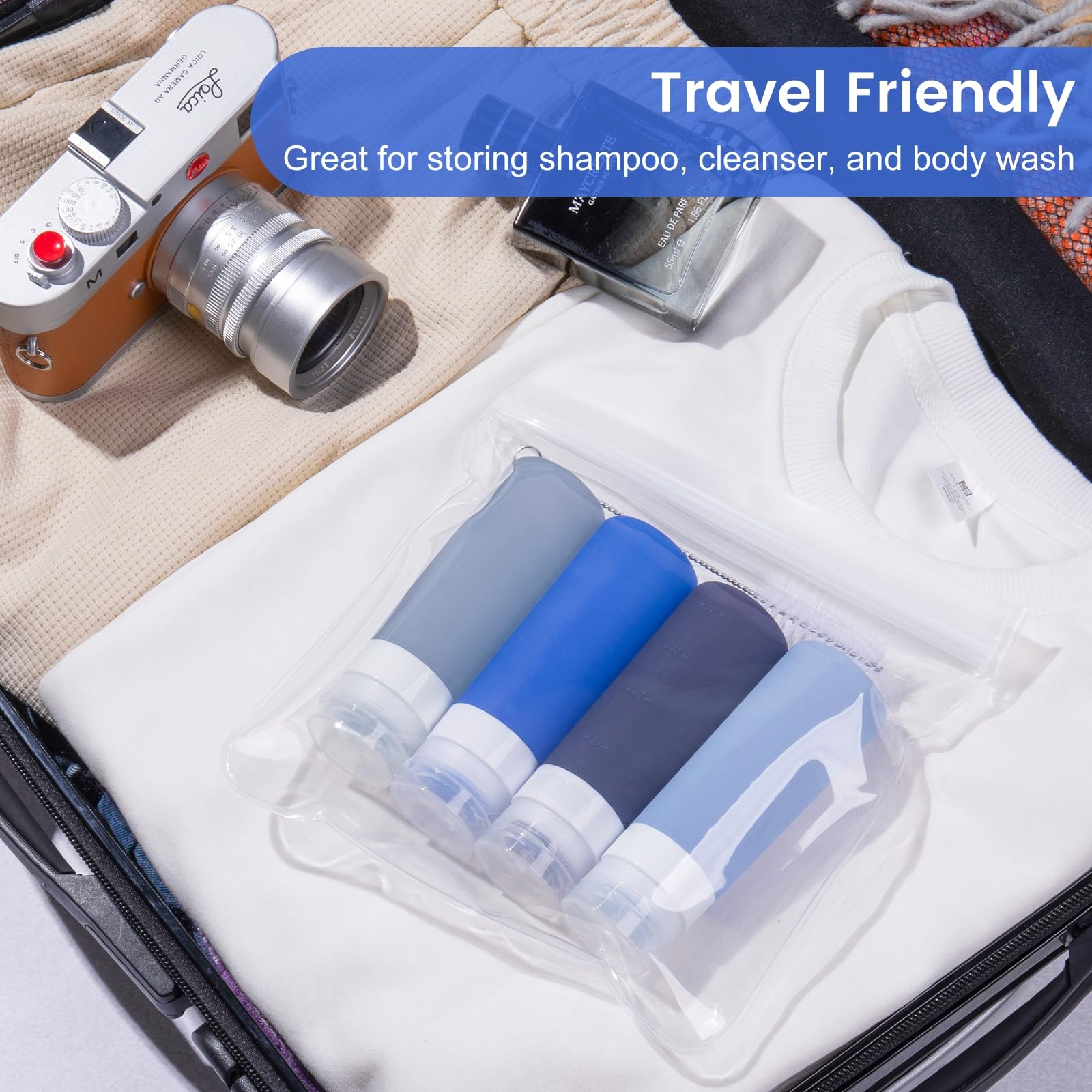 MICEBAY Condiment Squeeze Bottles for Sauces, 1-oz Mini Silicone Salad Dressing Container to Go with Snack Storage Bag, Leakproof Sauce Bottles for Lunch Box, 4 Pack, Blue