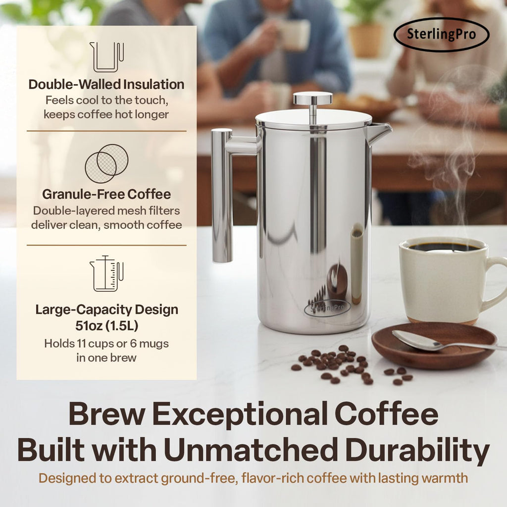 SterlingPro Stainless Steel French Press Coffee Maker 1 L (34 oz) Black – Double Walled Insulated Large Coffee Press, Durable Design Keeps Drinks Hot, Easy to Use and Clean for Rich Flavor Brewing