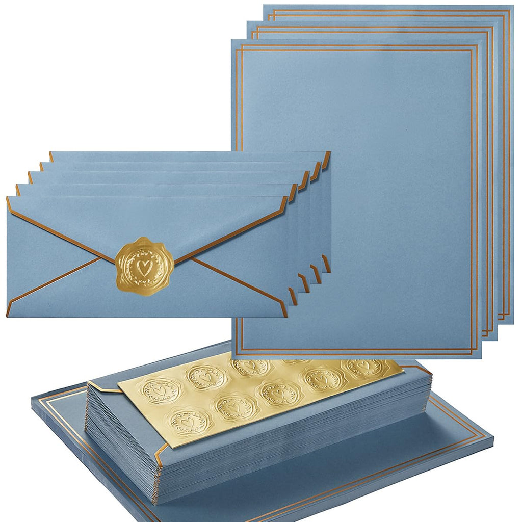 50 Pack Stationery Set with Envelopes, Cream Color, 8.5x11 Inches | Gold Border, #10 Business Envelopes and 8.5x11 Paper Sheets, Stickers for Letter Writing, Invitations