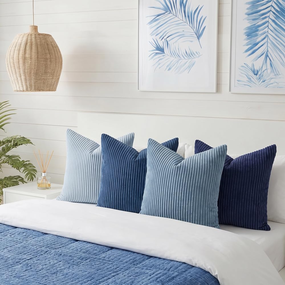 LANANAS Neutral Couch Throw Pillow Covers 18x18 Inch Set of 4 Decorative Farmhouse Boho Throw Pillows for Living Room, Couch, Bed, Sofa Soft Corduroy Accent Home Decor (Blue Ocean, 18x18 Inch)