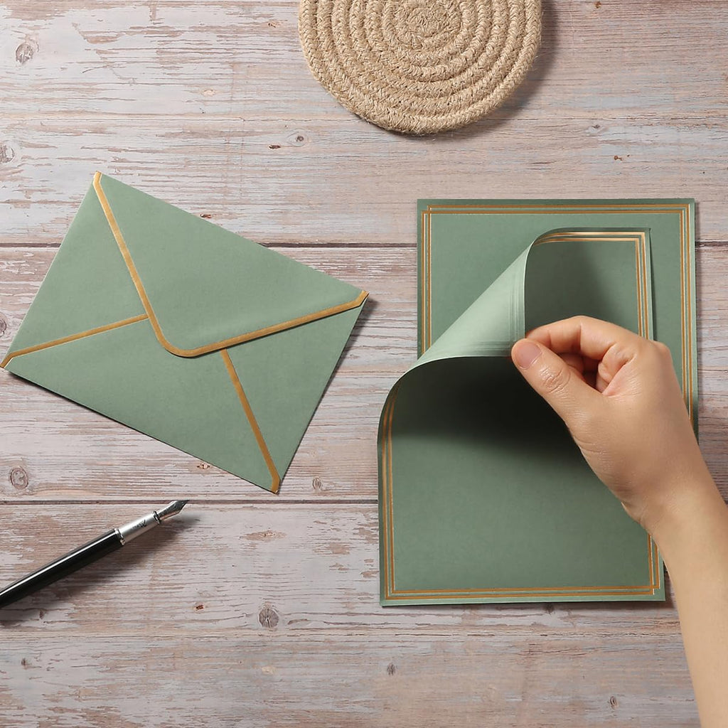 50 Pack Stationery Set with Envelopes, Cream Color, 8.5x11 Inches | Gold Border, #10 Business Envelopes and 8.5x11 Paper Sheets, Stickers for Letter Writing, Invitations