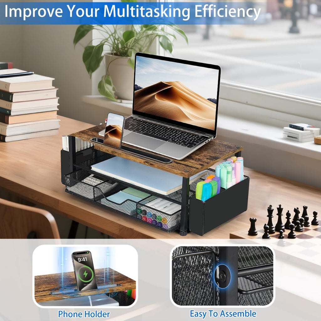 AUPSEN 2 Tier Computer Monitor Stands with Drawer and 2 Pencil Holder, Metal Monitor Stand Monitor riser, Computer Desk Organizer and Accessories for Laptop, Computer, Printer, Office Supplies(Black)