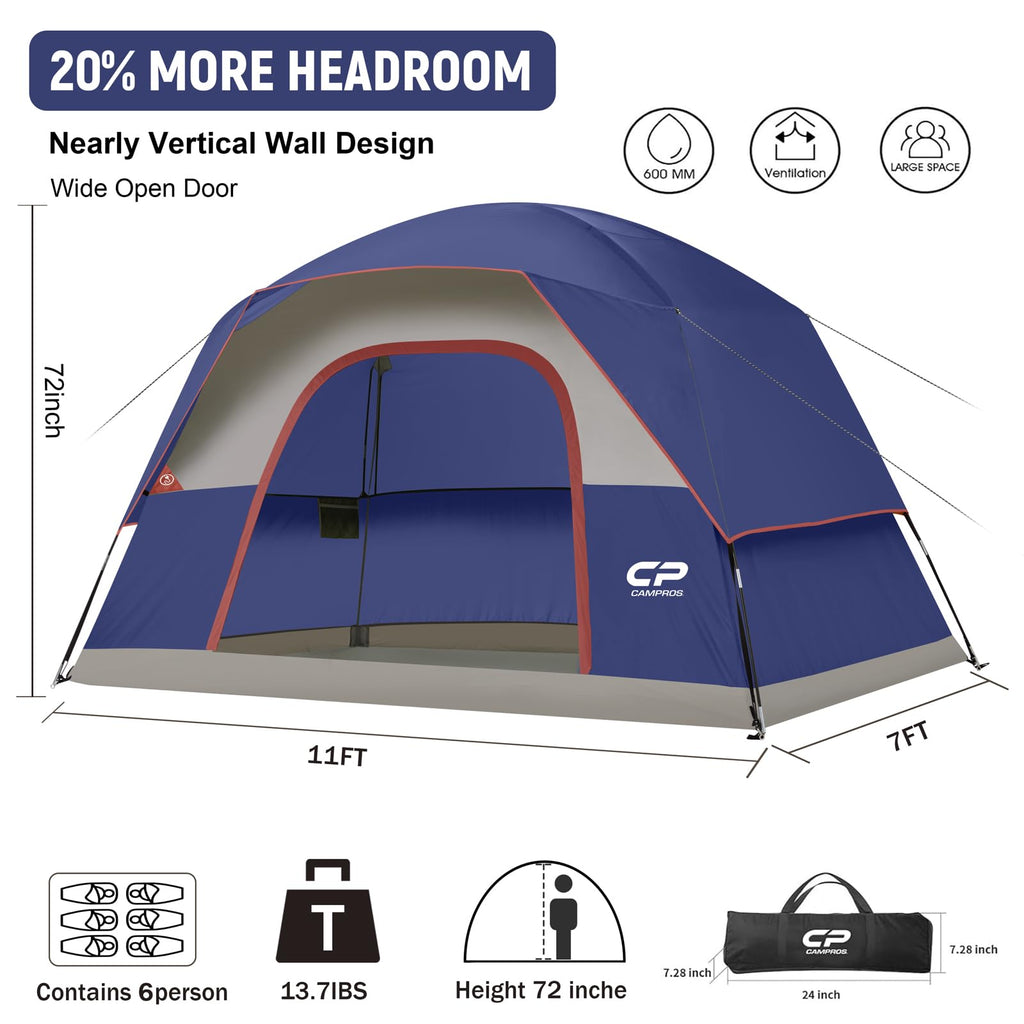 CAMPROS CP Camping Tent 2/4/6 Person, Waterproof Windproof Double Layer Dome Tent, Easy Setup with Large Mesh Windows & Wide Door for Outdoor Camping Backyard
