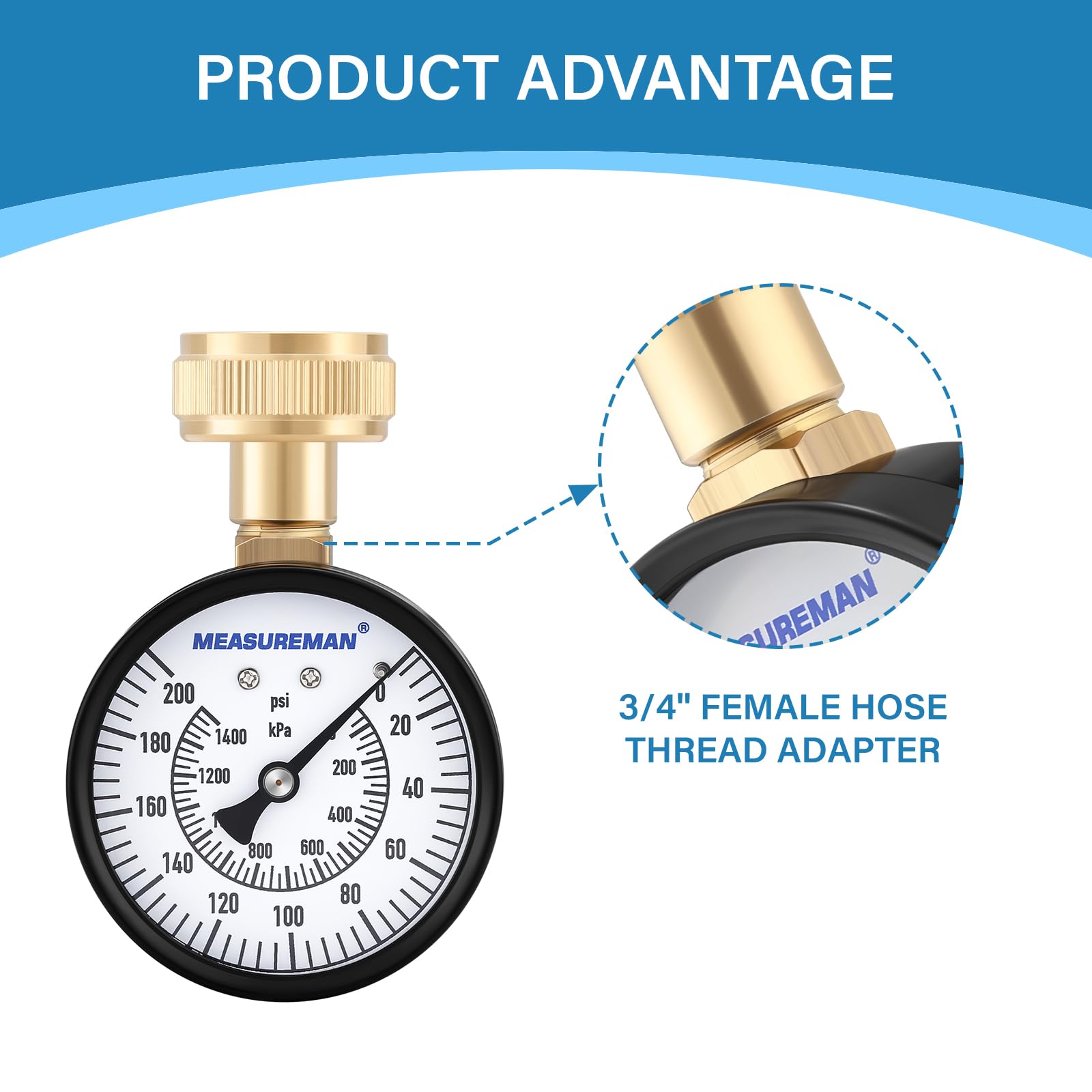 MEASUREMAN 2" Water Pressure Test Gauge, 3/4" Female Hose Thread, 0-200 psi/kpa with Maximum Pressure Memory (Pack of 2)