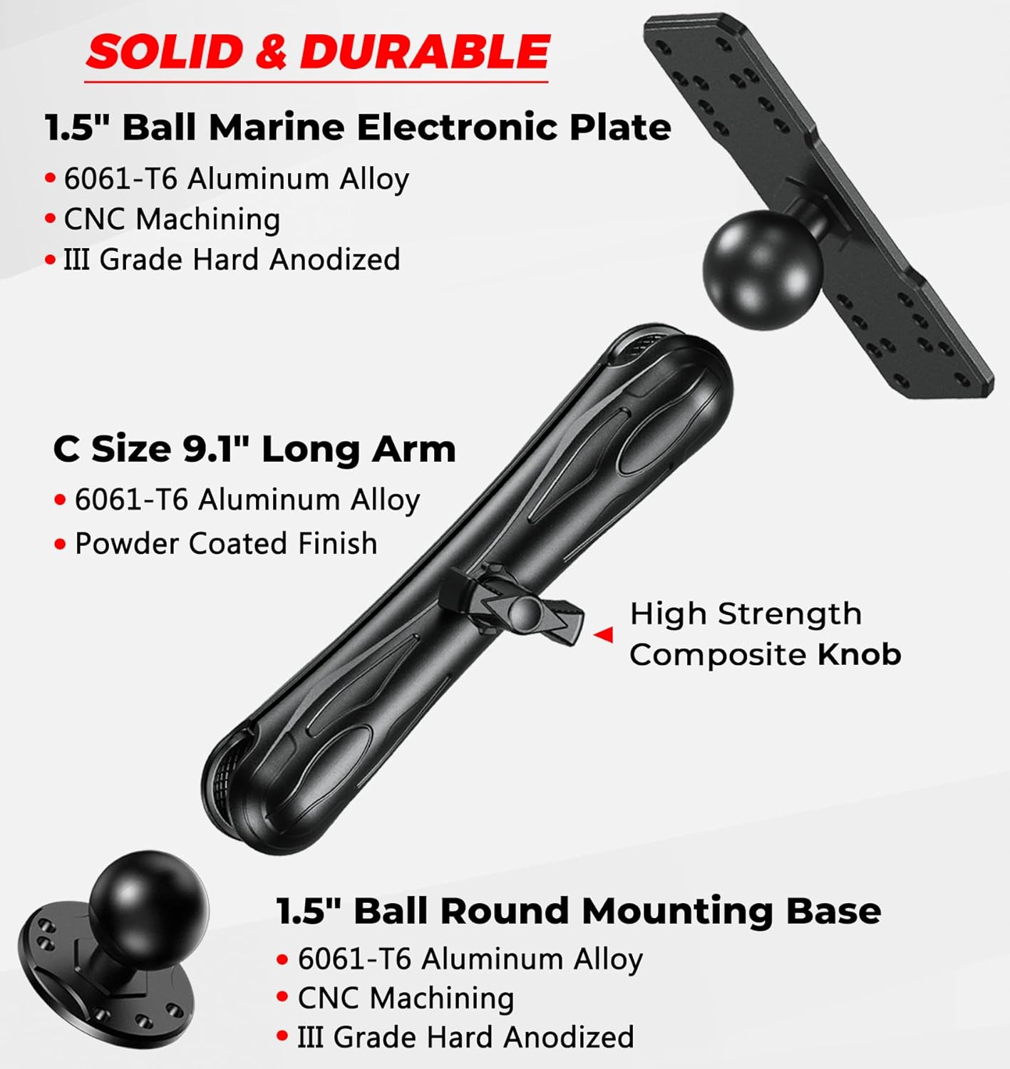 VAZESWIN Aluminum Alloy Fish Finder Mount with C Size 1.5" Ball Rectangular Plate & Round Base, 9.1" Long Arm Marine Electronic Mount Compatible with Garmin, Lowrance, Humminbird, Raymarine and More