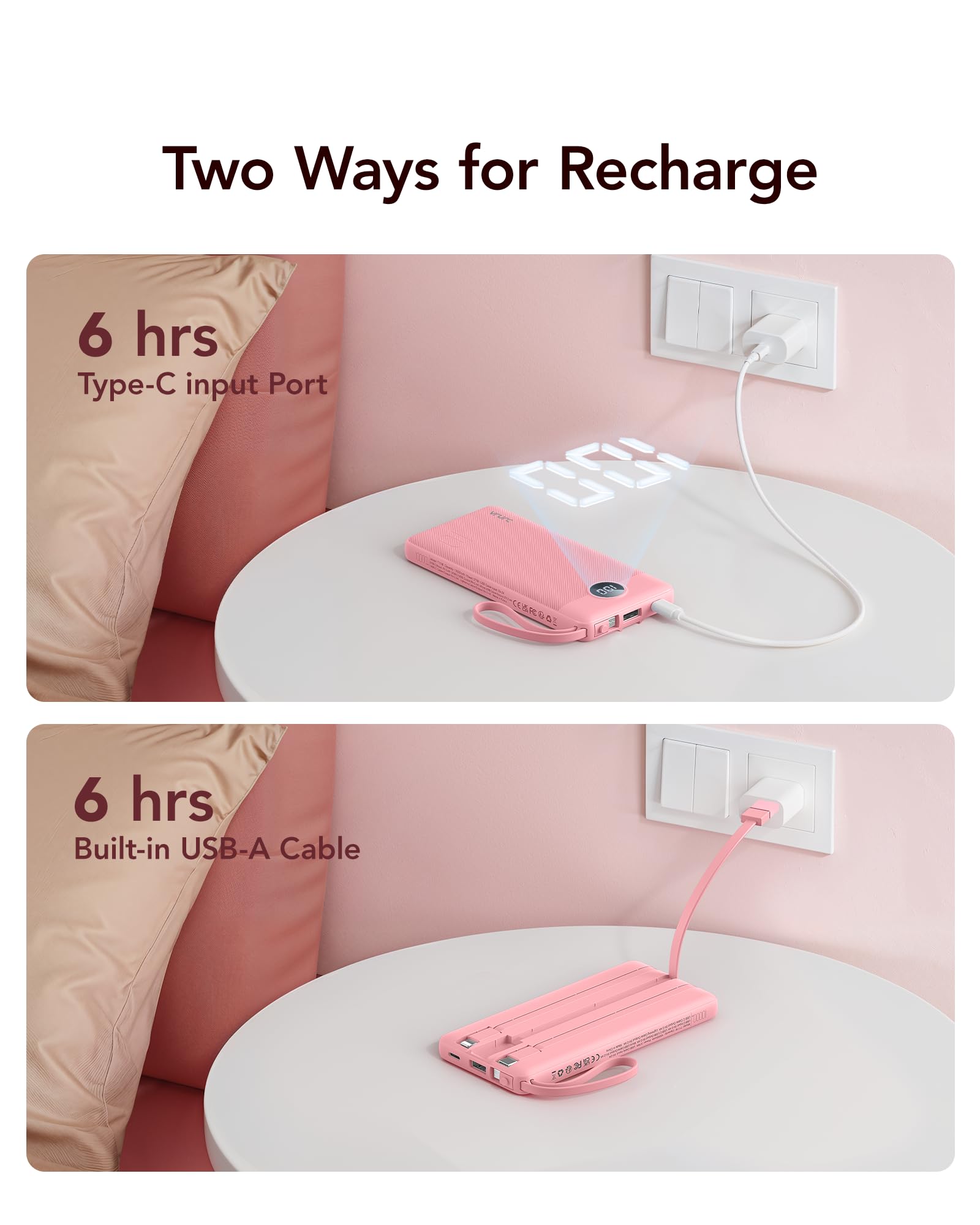 VRURC Portable Charger Power Bank, USB C Battery Pack 10000mAh, Flight-Safe Travel Essentials, 5 Outputs 2 Inputs Slim Phone Charging Bank Built-in Cables for Multi Devices-Lavender(1 Pack)